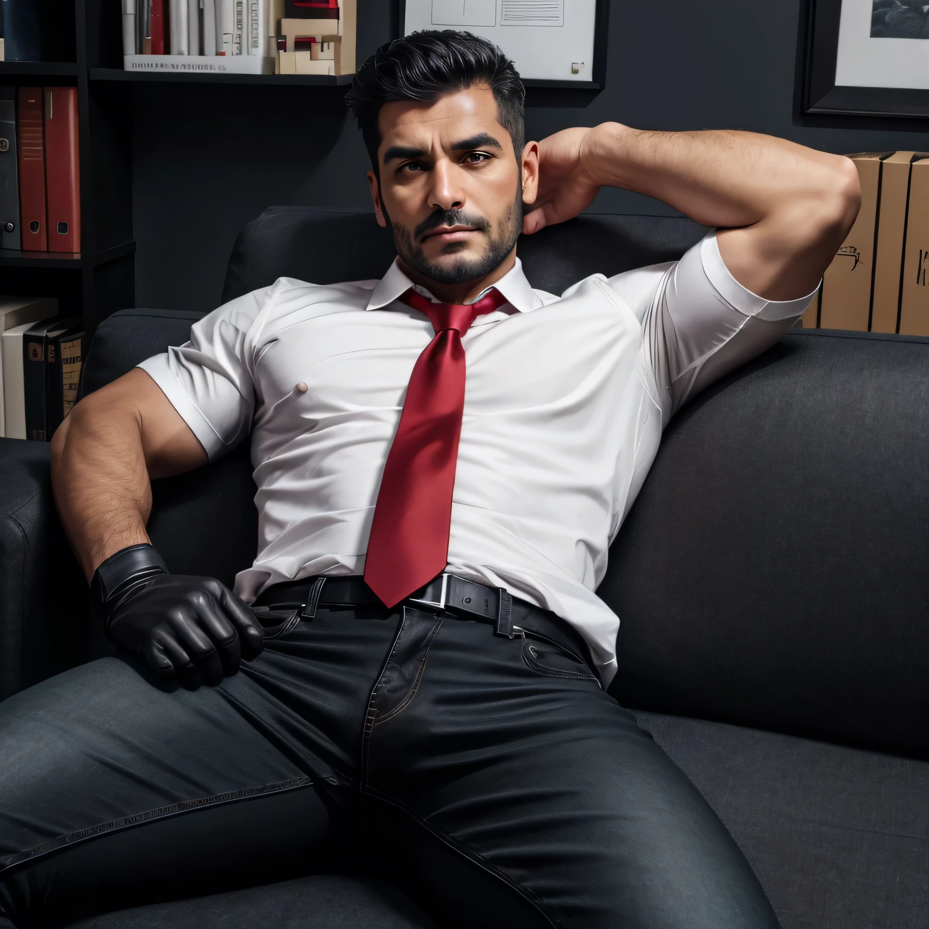 30 years old,daddy,"shiny grey suit ", wear white shirt,  very shiny grey pants, very shiny grey waistcoat, Dad sit down on sofa,k hd,in the office,"big muscle", gay ,black hair,asia face,masculine,strong man,the boss is,handsome,,leather gloves,lecherous dad,look straight ahead,dad is handsome,dad is handsome ,dad is "horny dad"