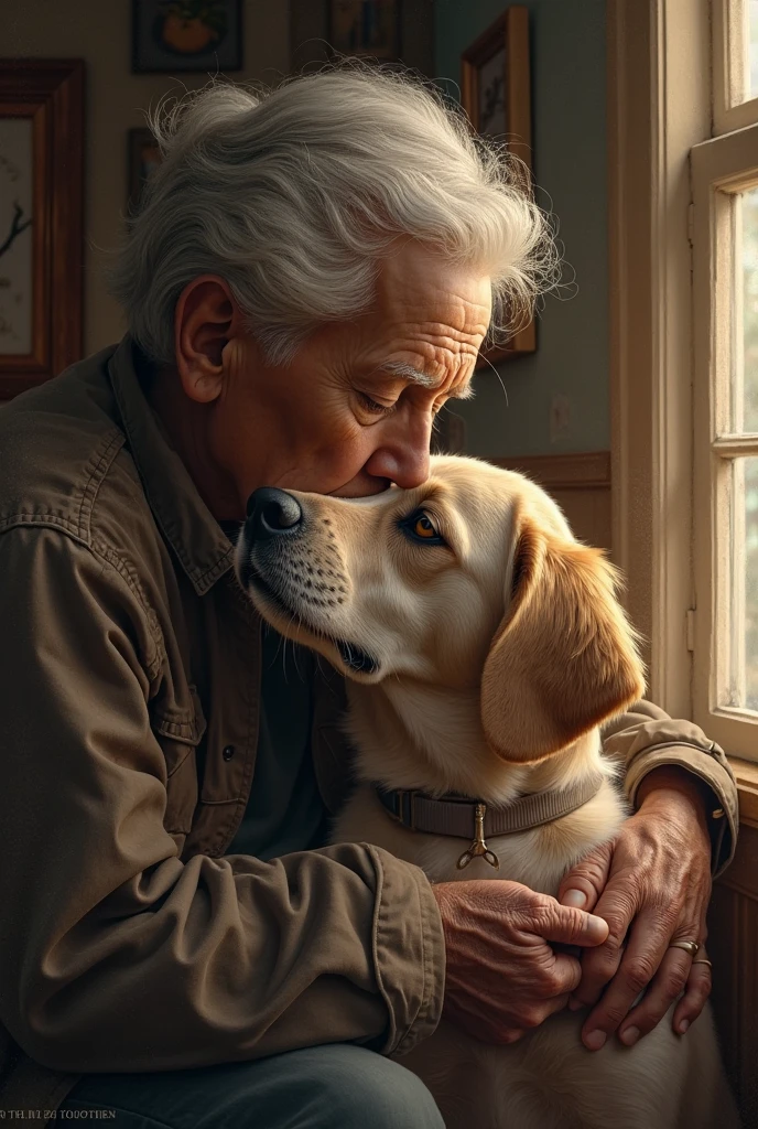 abuelo y su nieta de espaldas, Amanecer, pradera, tulipanes azules. Grandfather has light cream skin color and his granddaughter has black hair with pale white skin color in a blue dress sitting on the grass. abuelo tiene rostro rectangular es un poco gordo