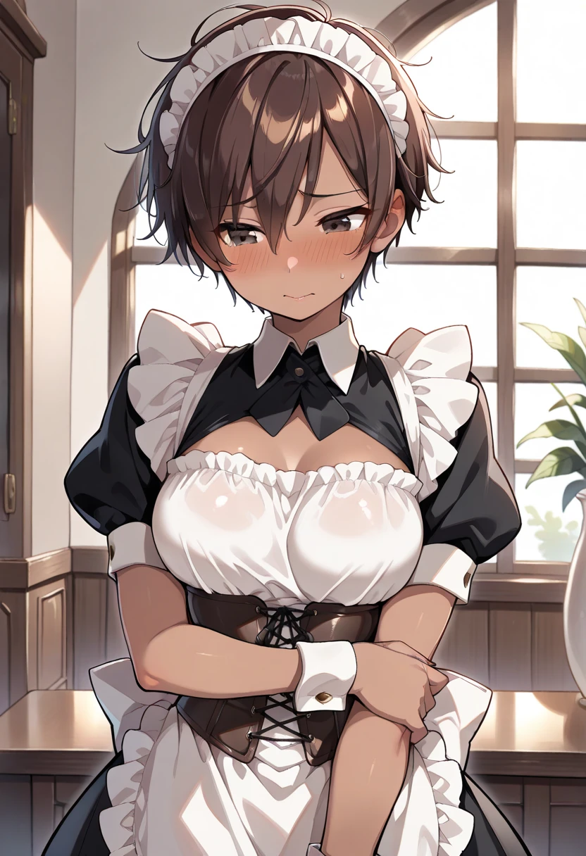 score_9, score_8_up, score_7_up, source_anime, 1girl, dark brown hair, brown eyes, bobcut, hair pin, cat ears, small breasts, eyeglasses, micro bikini maid, headdress, blouse, skirt, apron, areola, cool face, light smile, private room, mansion,