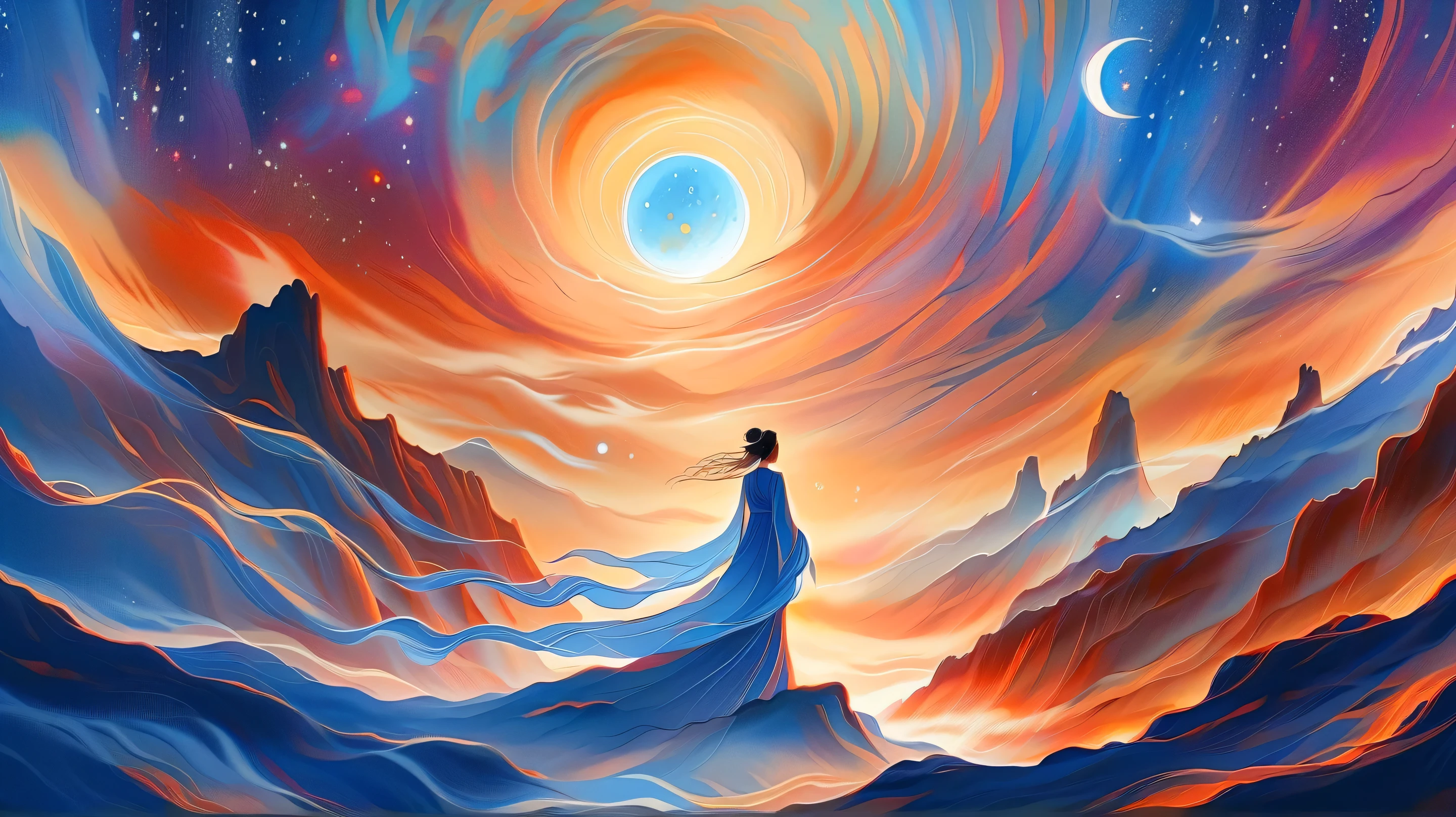 A beautiful woman stands on a cliff looking at the stars, (beautiful silhouette),Surrounded by a vortex of cosmic energy,shrouded in dreamy mist。Figure wrapped in flowing robe.,elegant,Light,Integrate with the flow of heaven and earth。The sky is a tapestry of deep purples and blues,starlight embellishment,The landscape below suggests softness、rolling mountains,Astral ethereal, fantastic numbers, ethereal essence, Ethereal fantasy, Ethereal Beauty, Digital Art Fantasy, beautiful fantasy painting, Beautiful fantasy art, stunning fantasy art, Inspired by Cyril Rolando (Cyril Rolando), Fantasy art style, Gently rotating magical energy, Fantasy Numbers, Fantasy Numbers Art, Empty Spirit, of Ethereal fantasy,Artistic beauty,Gold lines。Tracing gold。
