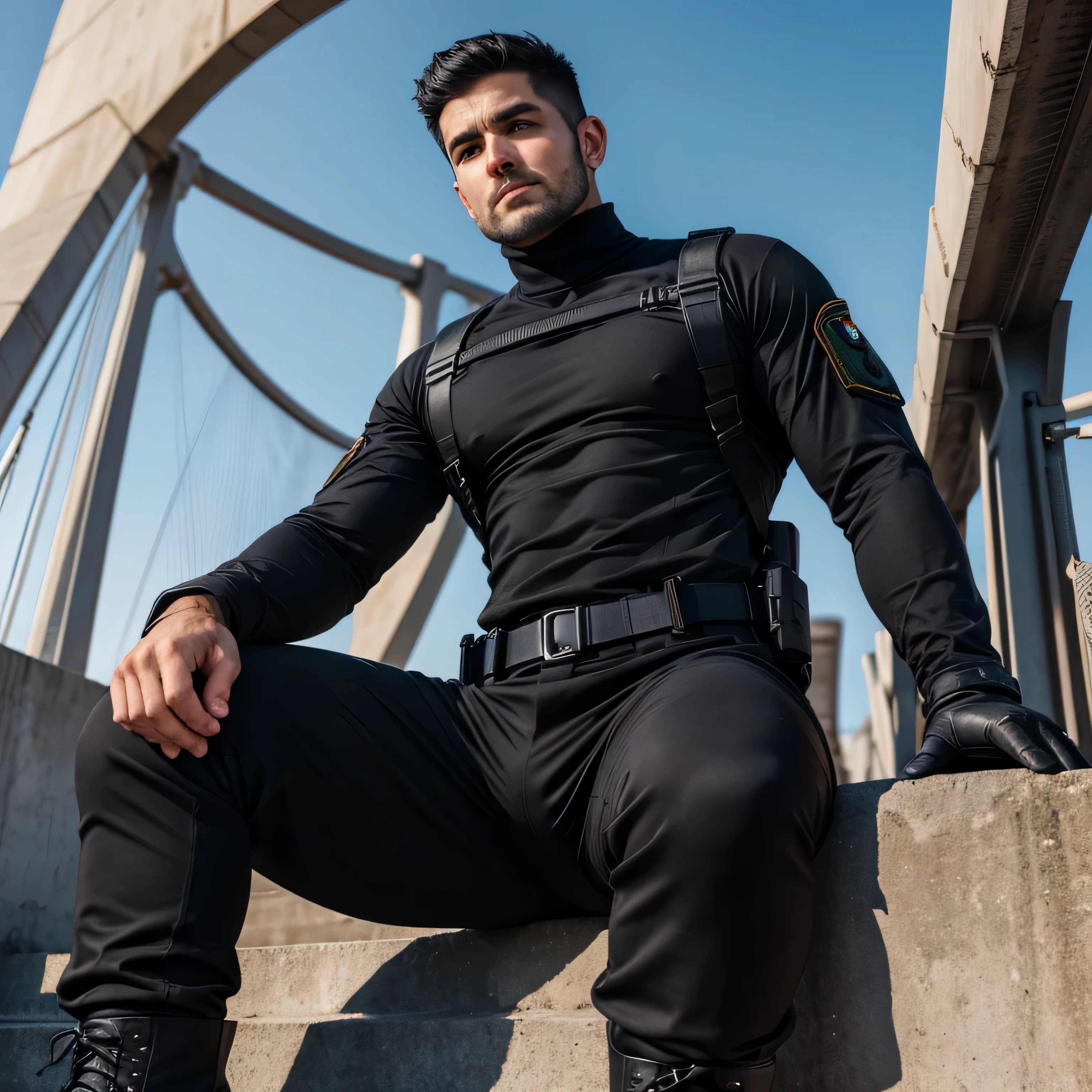 Age 32、 handsome man , Glutinous Flesh、1 person,black turtleneck long sleeve shirt。 black hair、Short Hair、short hair natural perm、 On the suspension bridge camera seen from below 、 black gloves、Combatant seen from below図。black slim pants stubble Sit on the curb Black military boots up your upper body