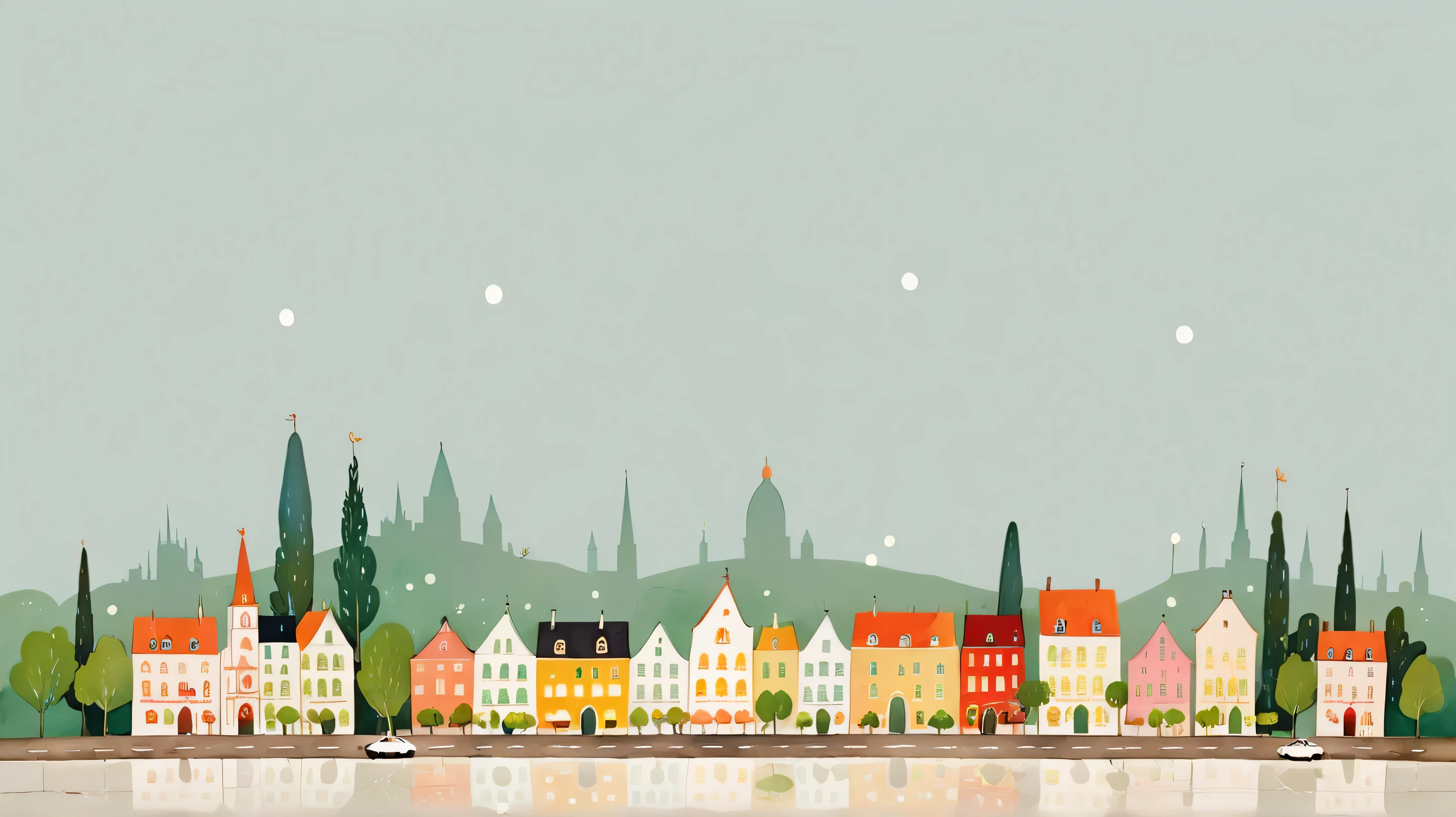 A whimsical cityscape, with charming buildings and a light, airy feel,  simple background