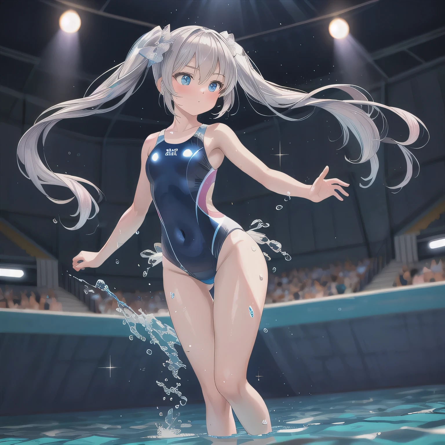 (best picture quality, 4K, high quality, masterpiece::1.2), ((masterpiece)), high detail, high quality, best picture quality, ((high quality, nsfw, showing armpits, embarrassed, open legs)), multiple girls, nsfw, cute, girl in a competition swimsuit with pantyhose at poolside in the indoor pool, full body, loli, shorheight, medium breasts, bokeh, DOF, Portrait, evil grin, open stance, (cute illustration:1.2), high-resolution, ultra-detailed, best-quality, bare-shoulder,