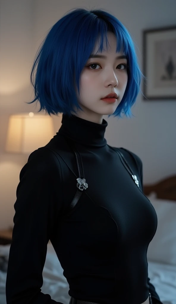 there is a woman with a shirt, short blue hair, isabela moner, short blue fur, short blue fur, with blue fur, color blue, short blue fured woman, pretty girl with blue fur, with short hair, blue furstyle, blue sweater, White skin, clear skin, blue toned hair, blue furs, blue fur, She has a pretty face, girl of 20, mexican traits, boy hair, black hair, Frizzy hair, mexican, blue tips, bob cut, bob hairstyle, selfie, midbody, torso only, no legs, no legs, autophoto, only face, aesthetic, short hair, Zoom, Zoom facial, short hair, blue hair, auto autophoto, Looking up, camera from above, Angle up, low angle arm, blue hair, autophoto, tousled hair, Zoom face, Zoom al rostro, face close, near the camera, no torso, only face, selfie, selfie pose, selfie pose, photo for icon, profile picture, photo for instagram, chubby girl, Zoom, facial Zoom, close up, she holds the pov, Zoom body, Zoom al cuerpo, holding the camera, but about, foto tomada close up, big breasts, big boobs, natural light, illuminated, fluffy hair, looking straight ahead, close to the camera, in her room, mirror selfie, mirror photo, no phone, black clothes, Military suit, military clothing, militar clothes, black outfit, captain hat, officer clothing, police clothes, police cosplay, black cosplay, black clothes, black outfit, black sweater, leather, ropa de leather, leather negro,