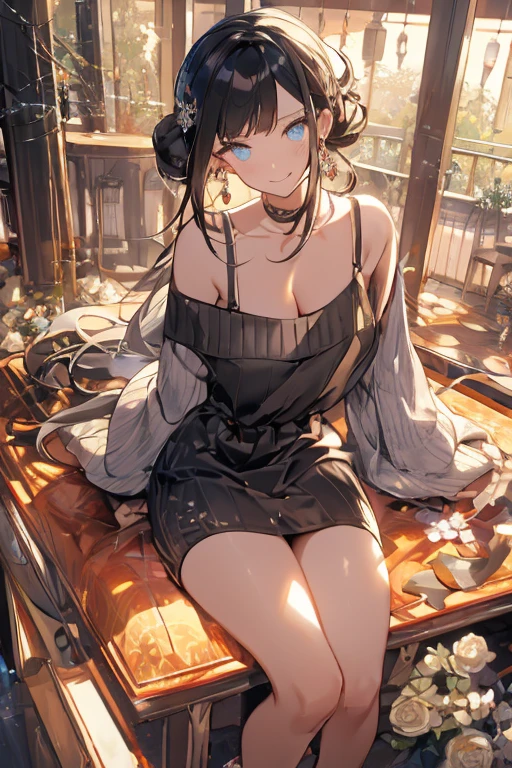 (((Masterpiece))),(((Super Detail))),(((in 8K))),(((best composition))),(((Rim lighting,Fireglow effect,deep shadow))),solo),Beautiful fingers,Detailed finger features,(Detailed hair features:1.7),(Dynamic and sexy bending pose:1.3),detailed facial features,detailed clothes features, (perky chest:1.1), (pointed chest:1.3), delicate beautiful face, Bright blue eyes, cute eyes, sparkling eyes, Big eyes, beautiful detailed eyes,double bun with glittering hair ornament:0.6,(super detailed glossy skin:1.3),slender body,goddess smile,((with sparkling eyes and a contagious smile)),beautiful posture,have a cup of coffee,black hair, red eyes, dress, bare shoulders, jewelry, collarbone, sidelocks, hairband, earrings, indoors, off shoulder, sweater, arms behind back, plant, short hair with long locks, white hairband, off-shoulder dress, sweater dress, off-shoulder sweater, red sweater, big side hair, very long side hair,(super delicate floral pattern:1.2),seductive cleavage:1.3,beautiful glossy legs,shiny red high heels,lifting dishes with cakesd,french restaurant,hustle and bustle,rising steam,(((depth of fields)))