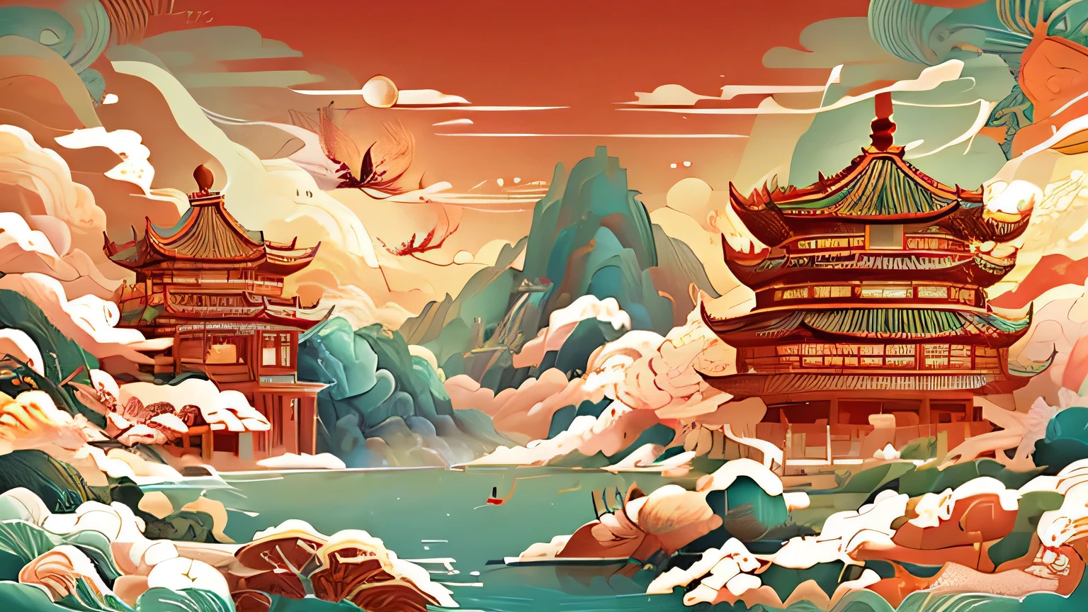 There was a dragon and a fish in the water at the door, Underwater temple with fish, A beautiful artwork illustration, full-colour illustration, Chinese fantasy, jellyfish phoenix dragon, chinese dragon concept art, chinese dragons fighting, Chinese mythology, Undersea temple, underwater temple, full color digital illustration, Golden dragon, Chinese Dragon, cyan chinese dragon fantasy