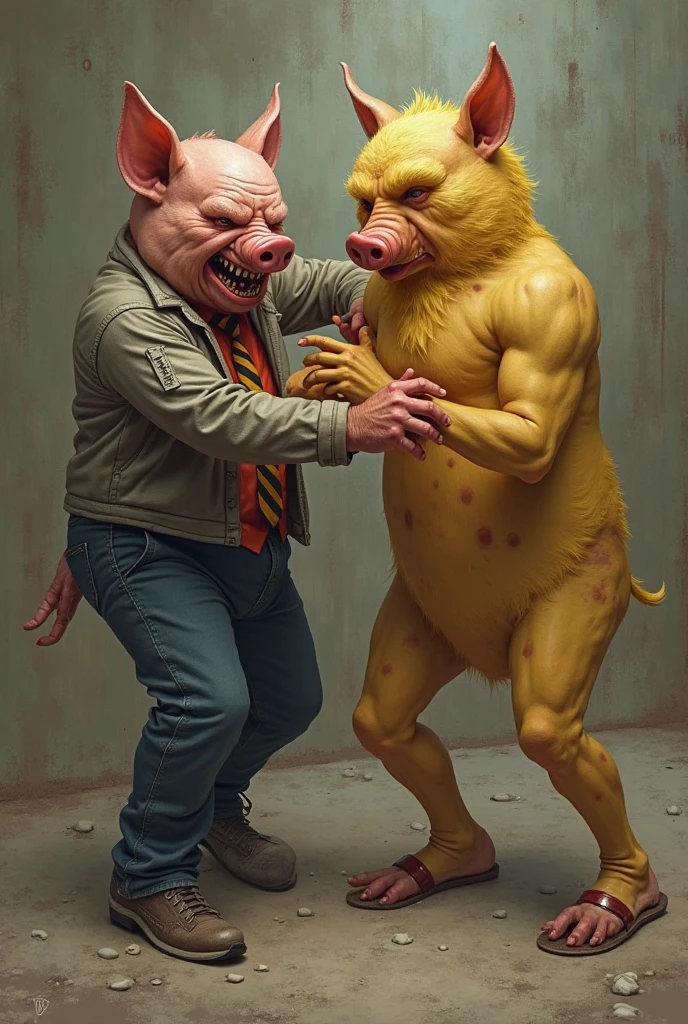Imagine three robust and muscular little pigs. They are large and have an athletic appearance., with well defined muscles. Each one is in a power pose.

Next to them, there is a skinny wolf. He looks a little intimidated or worried, perhaps with an expression that reflects that he is not on the same physical level as the little pigs. 