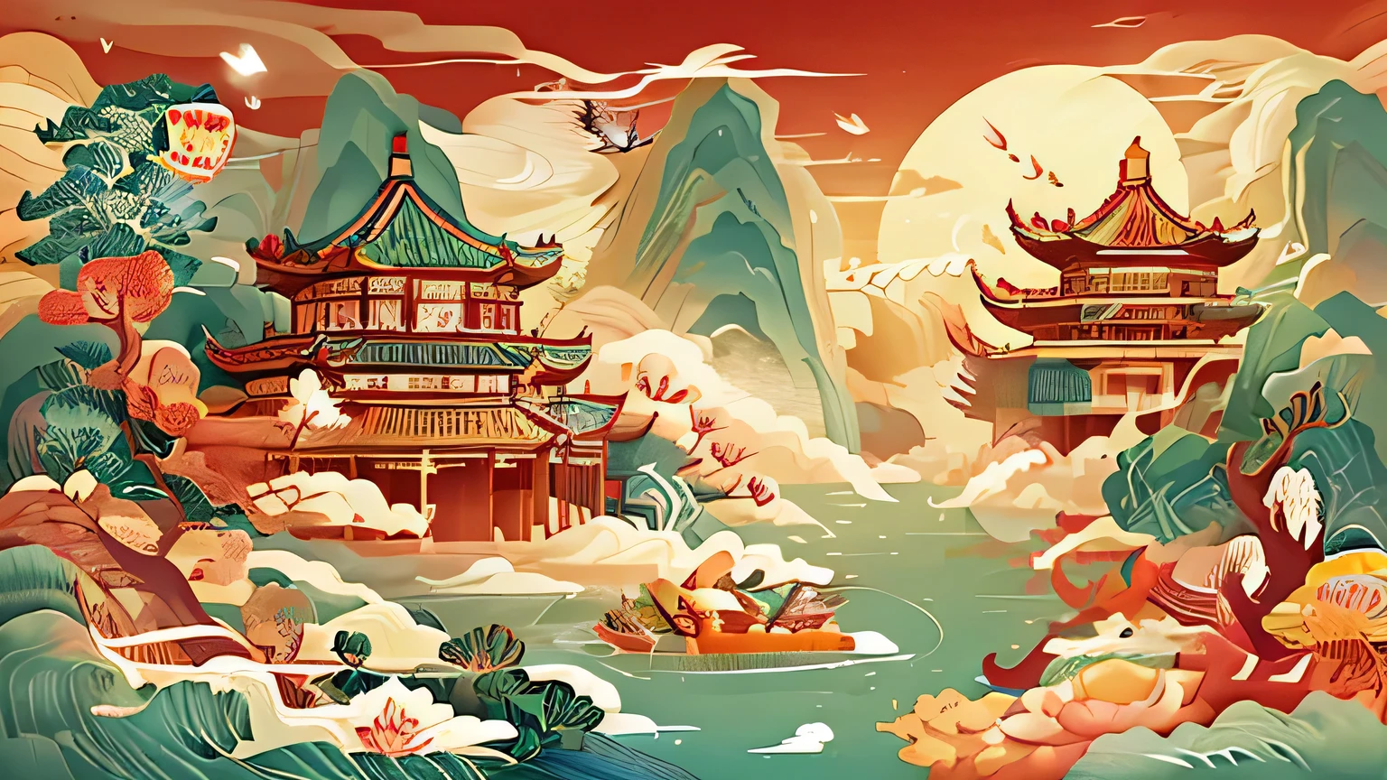 There was a dragon and a fish in the water at the door, Underwater temple with fish, A beautiful artwork illustration, full-colour illustration, Chinese fantasy, jellyfish phoenix dragon, chinese dragon concept art, chinese dragons fighting, Chinese mythology, Undersea temple, underwater temple, full color digital illustration, Golden dragon, Chinese Dragon, cyan chinese dragon fantasy