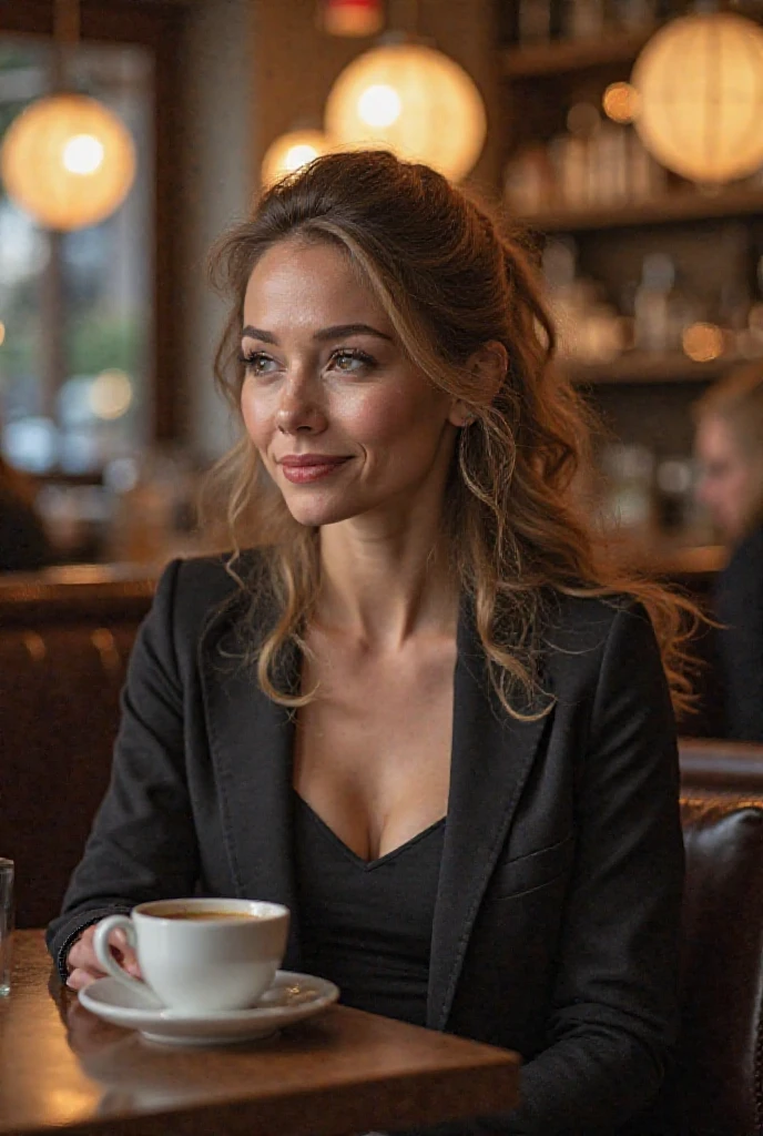 , mid closeup, Canon EF 85mm f/1.2L II USM, A woman is sitting with her coffee in a restaurant,(Put your hands under the table), with a COAT OF MEDICA and red lips, emphasis on facial expression, Moda de rua