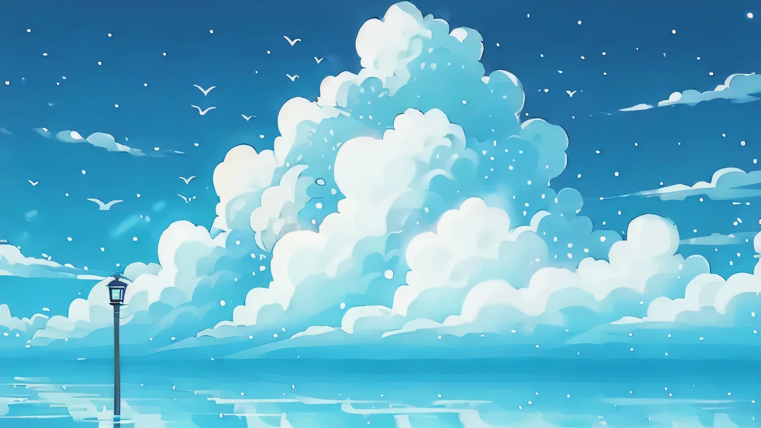 (Best quality,masterpiece:1.2), Art\(Illustration\),outdoors, reflection, cool colors,
(Train Tracks , street lamp), lamppost, Dreamy Landscape, day, scenery,
railing, bird, cloudy sky, blue sky,sky,cloud, flock, light particles, star \(sky\),blue theme,no humans