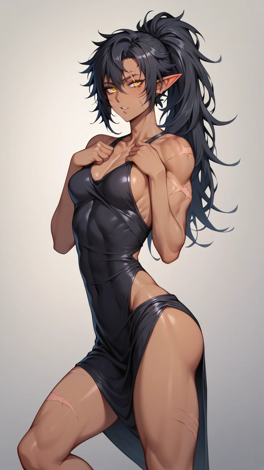 1 girl, bare shoulders, black hair, medium breasts, (muscular legs), muscular belly, wide hips, thin waist, (((clock eyes))), (wearing a very short and sexy bikini), (((no motel room))), full body, hairband, (showing her sexy body), (((focus on legs))), standing, heterochromia, black high heel shoes, lolita hairband, long hair, red eyes, smile, only, symbol-shaped pupils, (Kurumi tokisaki), (twintails), yellow eyes