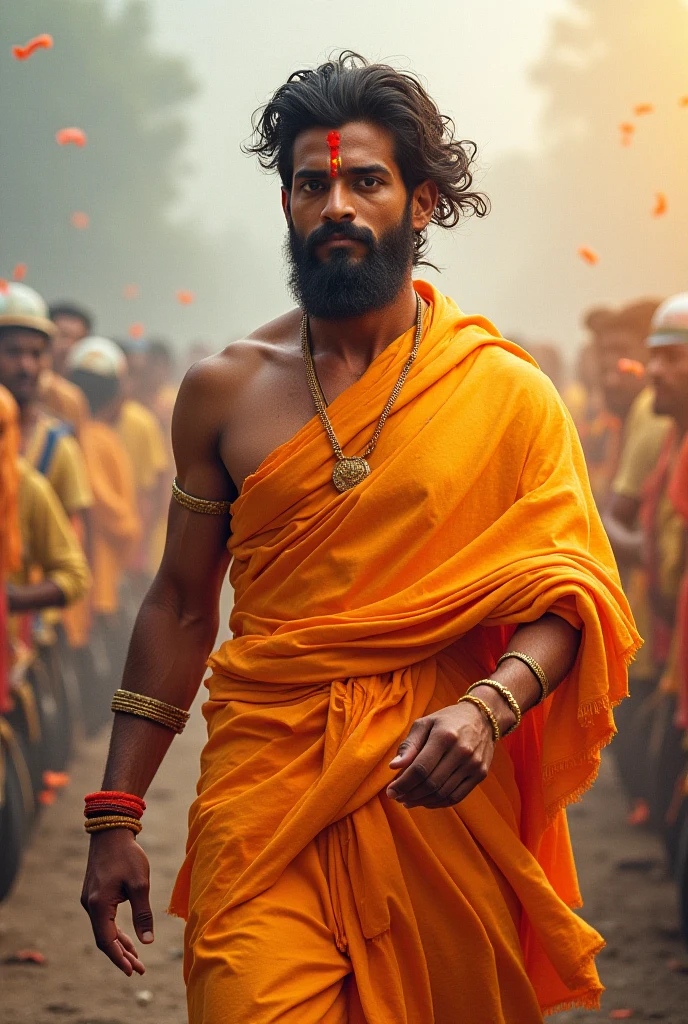 A man who become hindu religion her side have bajarangbali and in hand with bhagwa flag