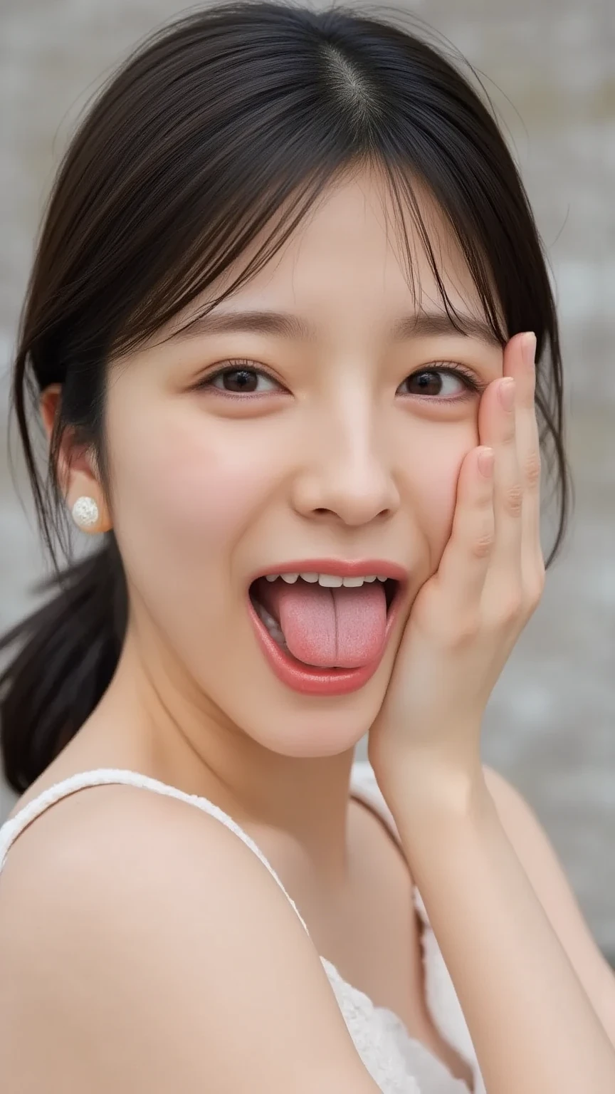 8K quality、High resolution、Realistic skin texture、High resolutionの瞳、Detailed face、Blowjobする女、Brown long hair、、A tank top made from lightweight fabric、thin、Model Body Type、Realistic female genitalia、Deep and realistic penis swallowing、Blowjob、deep throat、Semen-covered body、put penis in mouth all the way to the base、、