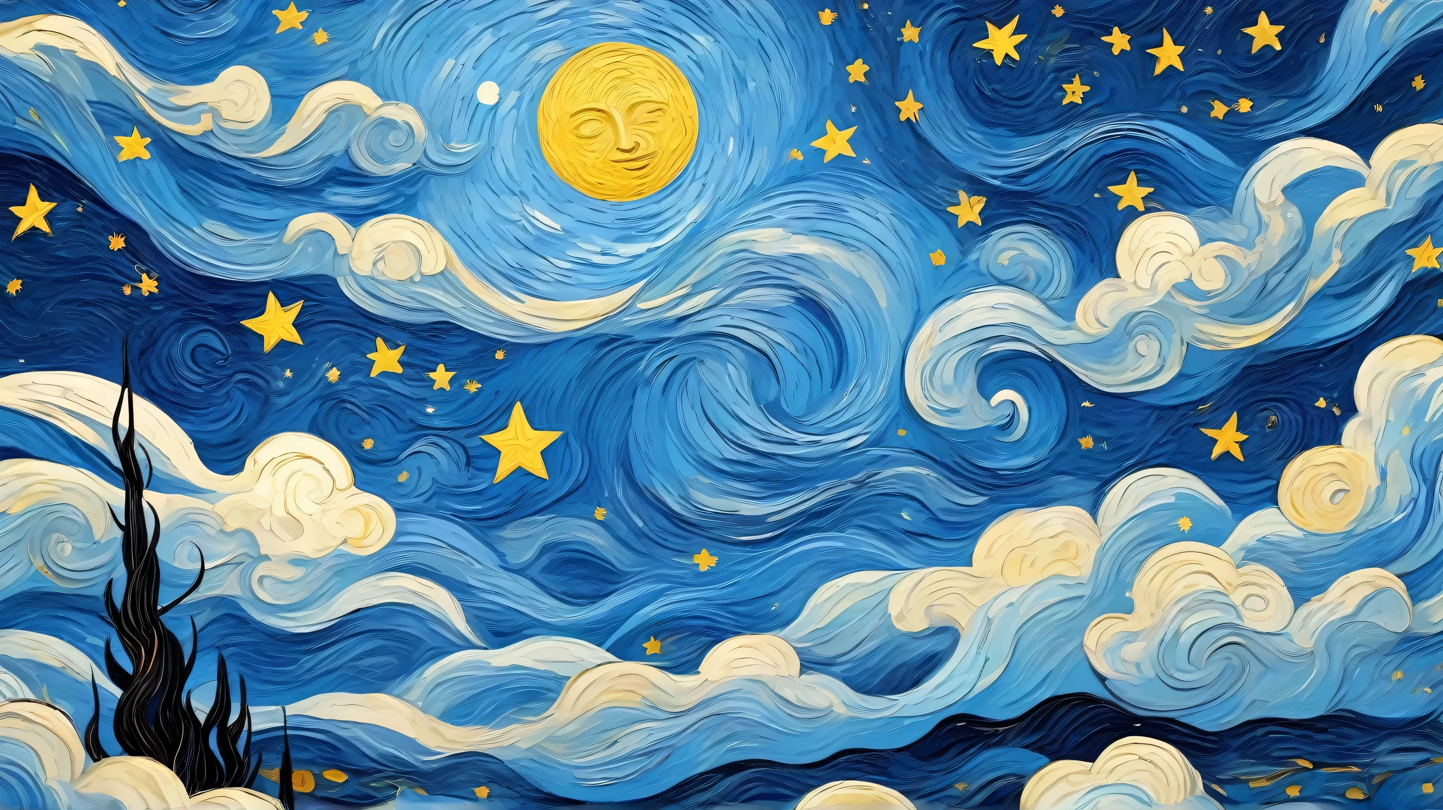 Cartoon Animation,Hand drawn style:Rough Texture,cloud,Star,moon,Beautiful details,texture,blue and gold,Immerse yourself in the art of Van Gogh,layered art,Winding lines