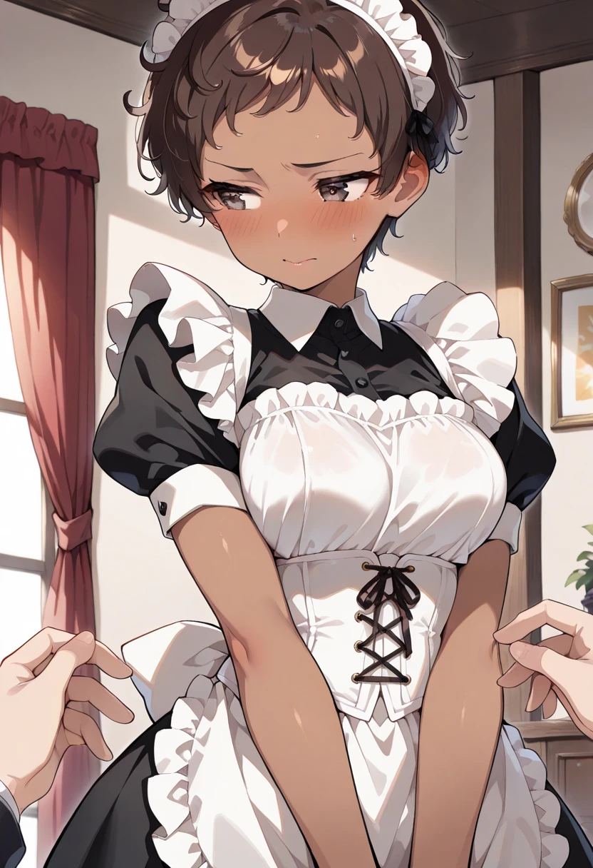 score_9, score_8_up, score_7_up, source_anime, 1girl, dark brown hair, brown eyes, bobcut, hair pin, cat ears, small breasts, eyeglasses, micro bikini maid, headdress, blouse, skirt, apron, areola, cool face, light smile, private room, mansion,