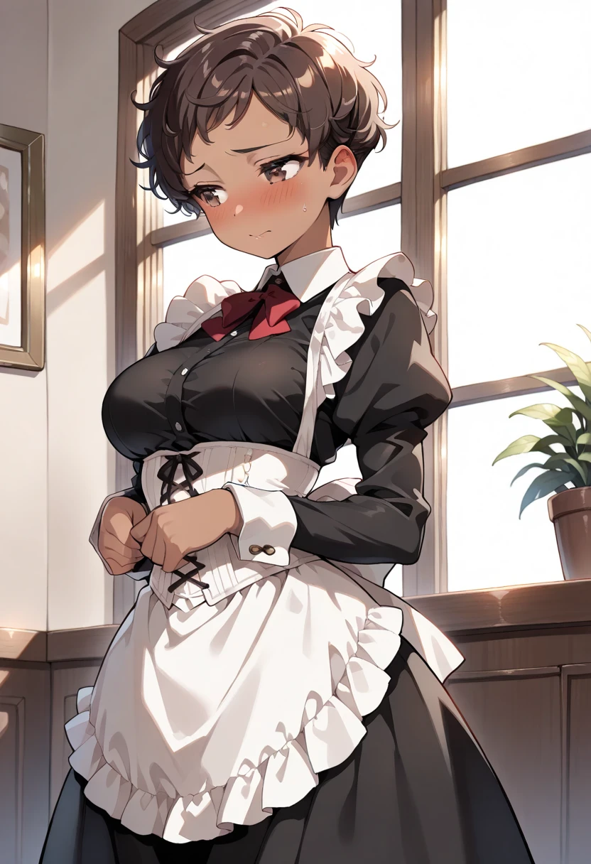 highest quality、masterpiece、((1 girl))、((smile))、(blush:1.4)、Black Shirt、blouse、((fun!!))、(Small breasts)、()、()、()、((White apron:1.5))、((Maid))、((hair ornaments)),、Kamimei、look at me、 ((in house:1.5))、 Taking a break from watching the audience、Cowboy Shot、(skirt lift:1.3),(Highly detailed white panties:1.3)、(highly detailed panties:1.3)、、(スカート that rolls up:1.3)、(Panties fully exposed:1.5)、