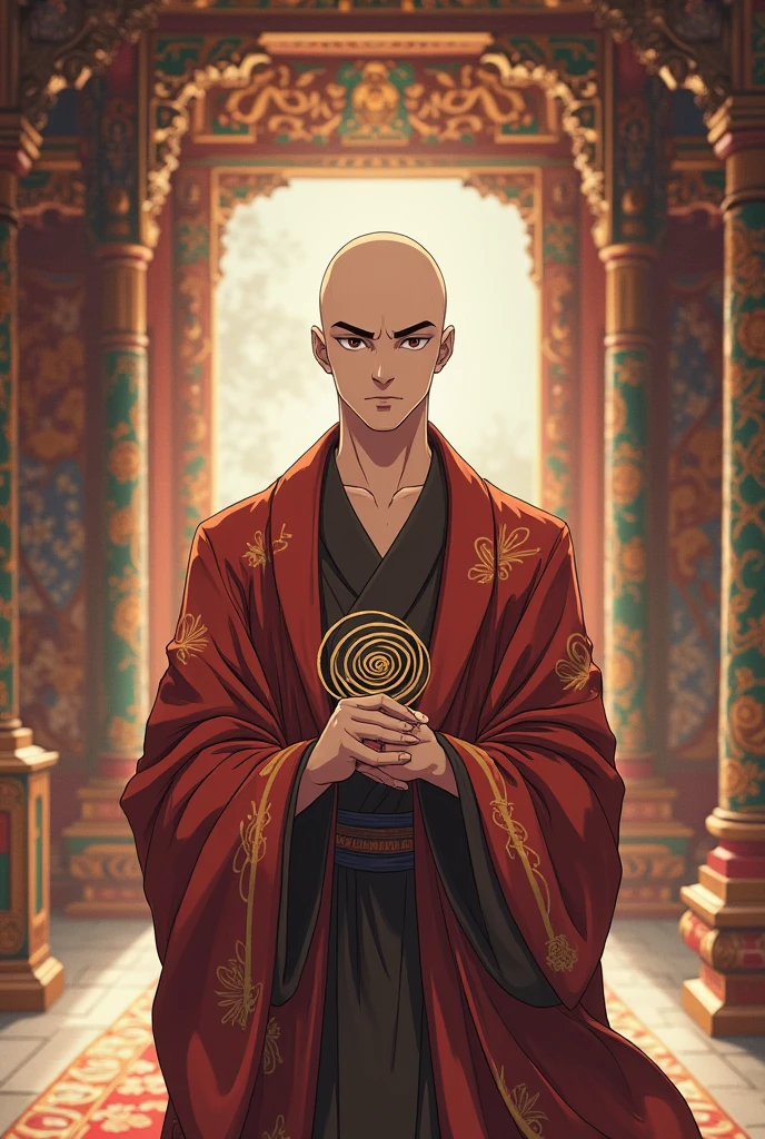Create an anime character,male,with no hair,Wear a robe, 18 years old,Eyebrow,Procedural Accuracy,holding a spiral instrument,Background in Nepal temple