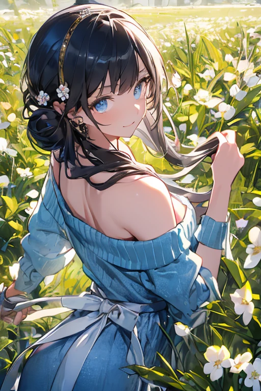 ((Highest quality)), ((masterpiece)), (detailed),Silhouette-Lighting , Japanese, 15 years old, Black Hair, Girl, (naked), (blue eyes), ,half-smile ,Swayback stance ,Lower ponytail , upper body, flower garden,