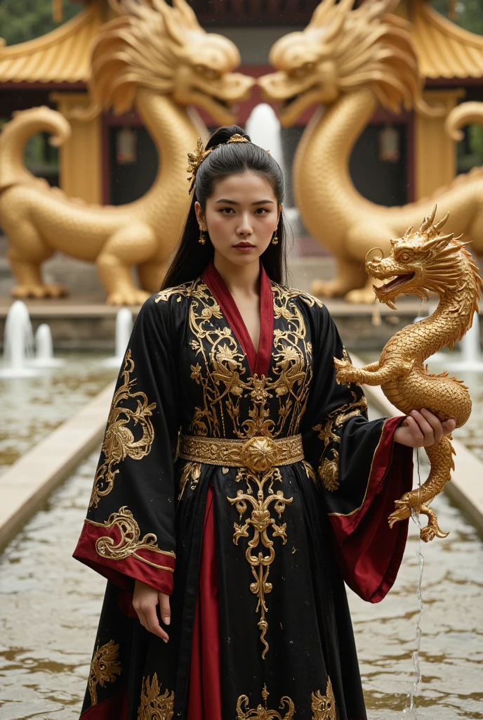 Long-haired woman wearing an iron-clad dress(gold color) Ride a dragon(red) in the sky below are clouds(Indigo) Behind there is sunlight.