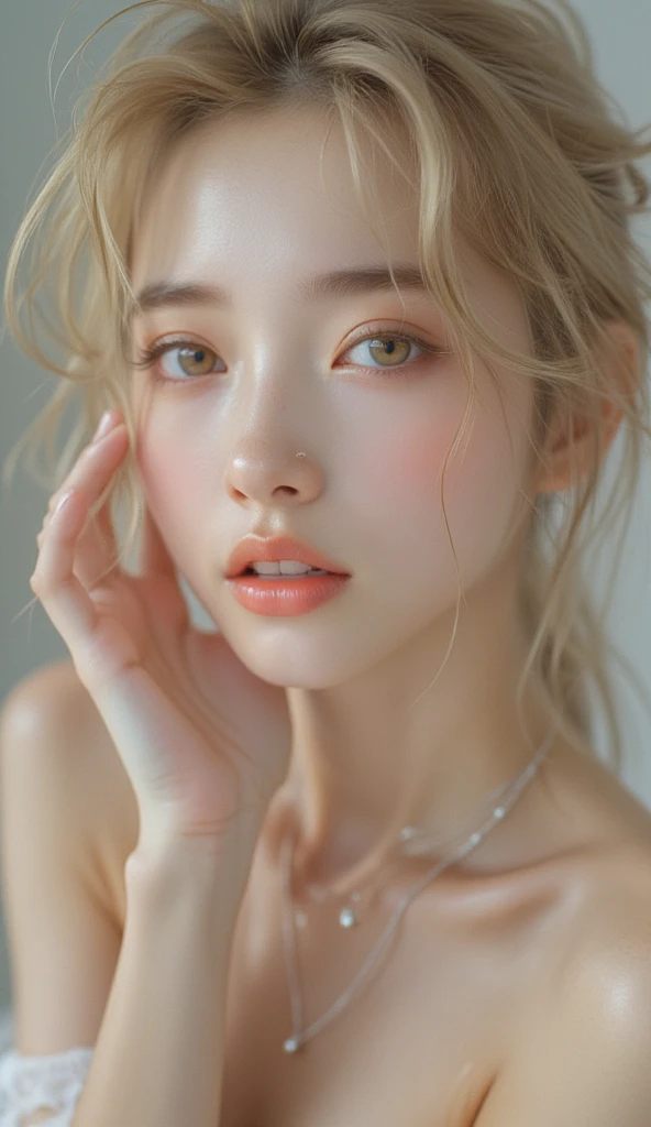 A gentle and lovely Chinese beautiful woman, delicate sexy collarbone, charming goose egg face, double eyelids, smart peach blossom eyes, pink lips, small upturned nose, bare shoulders, focused face, face close-up, ultra HD, super detail, full body photo, ultra-thin translucency, pink hair optimal proportions four fingers and one thumb, cat ears
