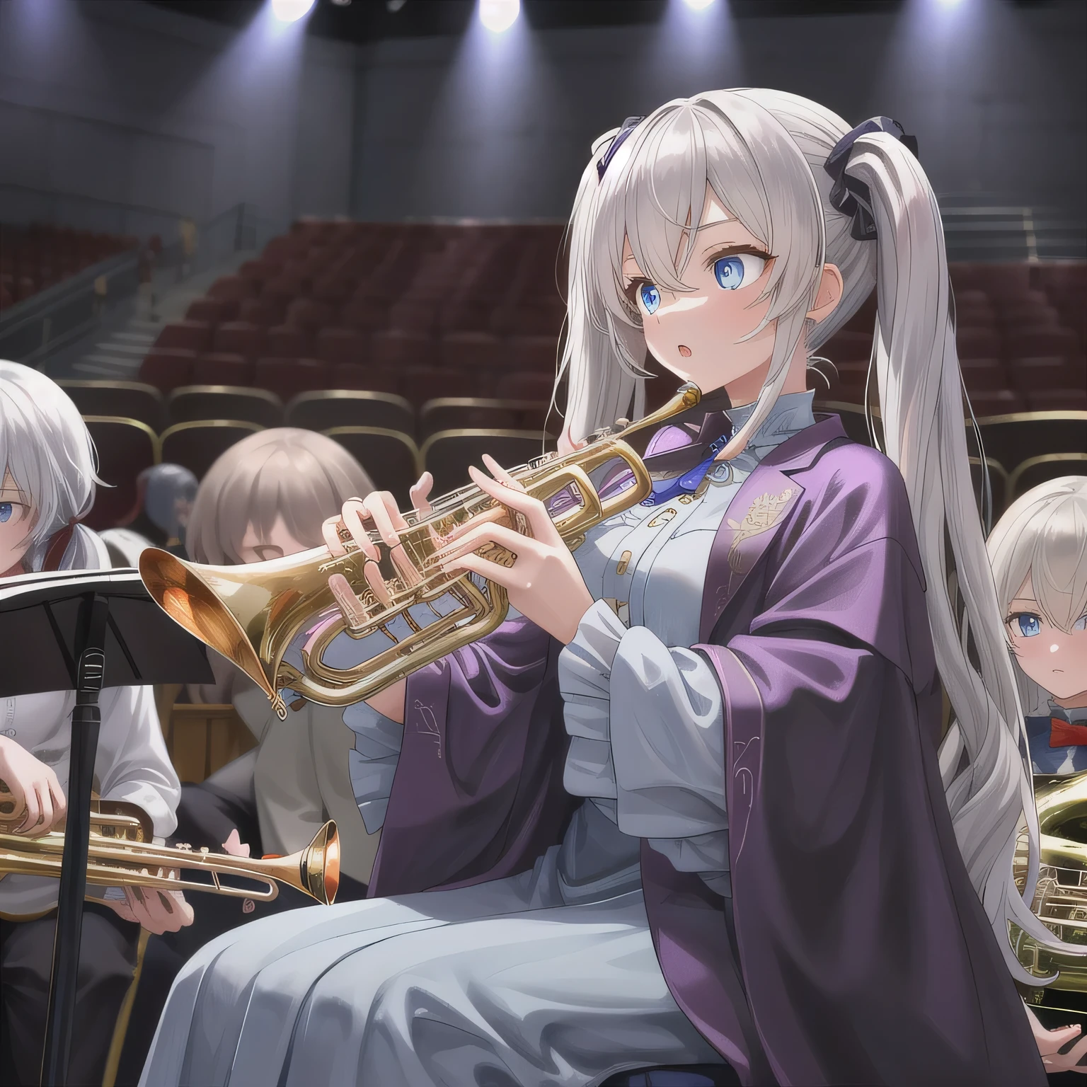 Depict a 20-year-old, dazzlingly beautiful woman playing a brass instrument in a grand concert hall. She wears an elegant yet practical band uniform, designed with intricate gold embroidery. Her posture is poised, fingers positioned with precision, her eyes focused as she plays passionately. The warm stage lighting highlights the shine of her instrument, creating a visually striking contrast between her and the surrounding orchestra. Silver hair, twin tails, blue eyes.