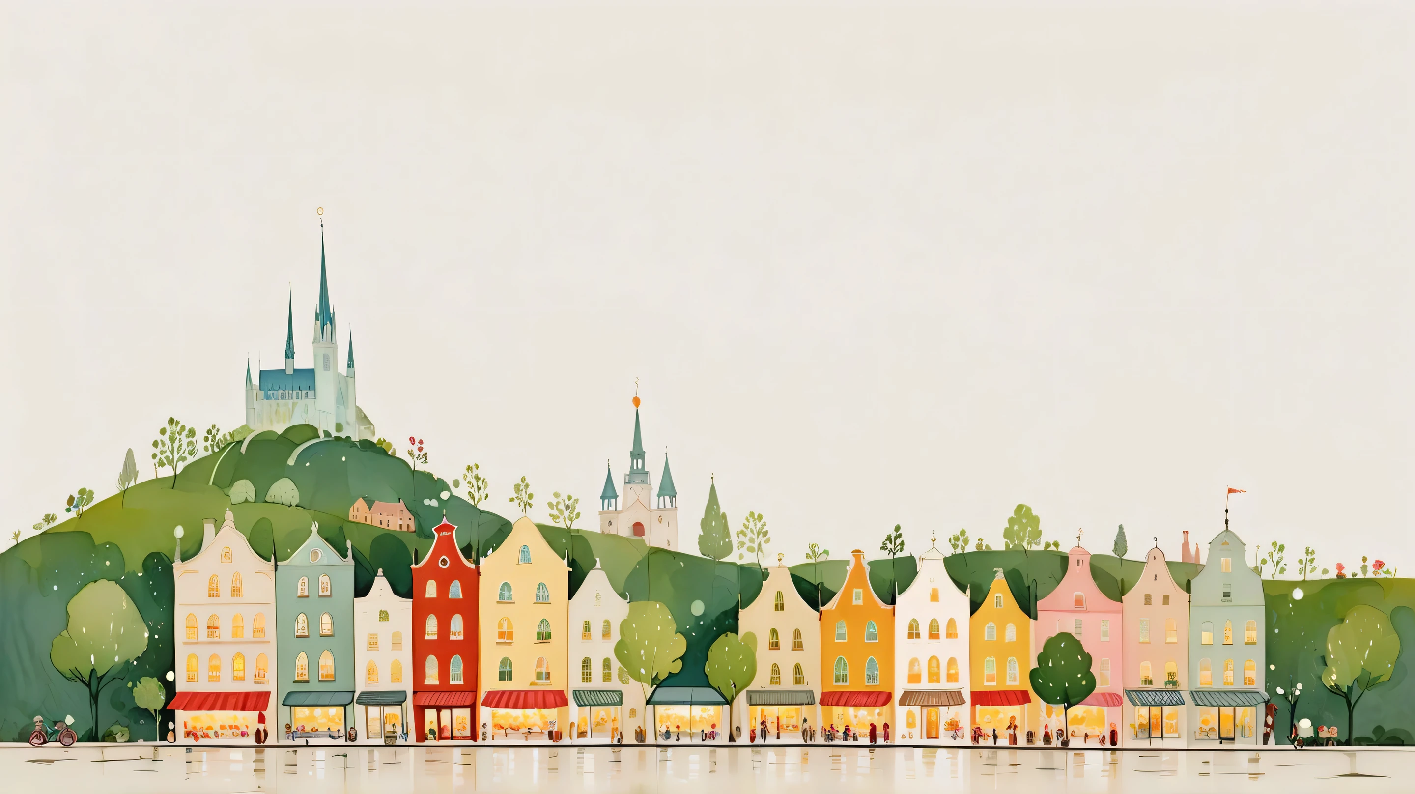 A whimsical cityscape, with charming buildings and a light, airy feel,  simple background