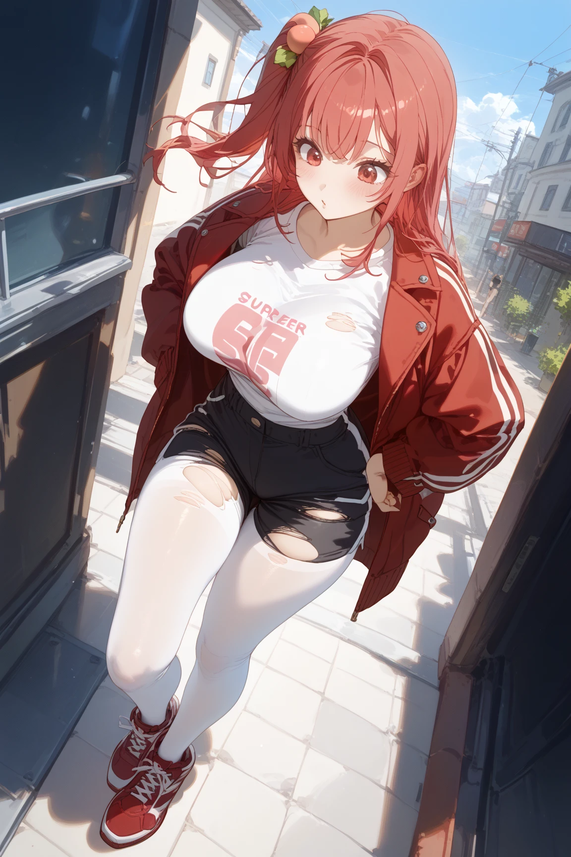 a scared and embarrassed redheaded woman, hair in a ponytail, her bright eyes super detailed, full lips painted red, chiseled physique and wide hips. She wears a closed black leather jumpsuit, whose shiny surface accentuates her shape. A windbreaker with a hood and a neon pink interior covers your shoulders and a pleased skirt. Walking down a busy street, she attracts glances from onlookers. This image exudes realism, capturing the essence of a fragile and embarrassed figure. Digital art, high definition and photorealistic technique