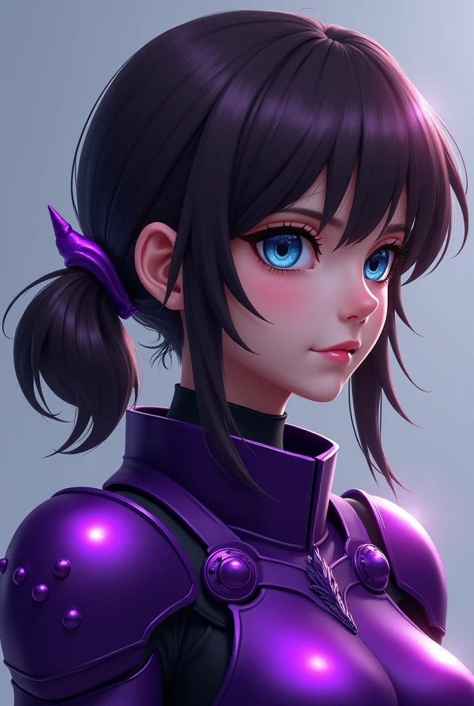 Woman with wavy black hair and purple eyes, Black Alien Armor, freckle, blush, eyeshadows, Cute face