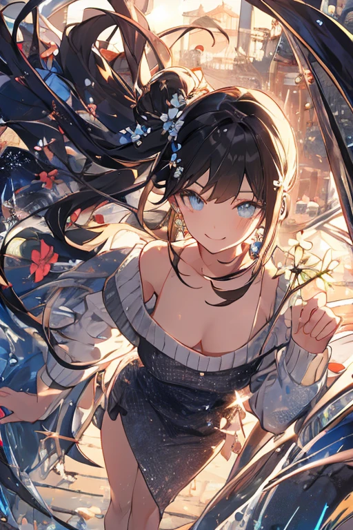 スコア_9, スコア_8_上, スコア_7_上, スコア_6_上,cute anime women in a bikini standing with some kind of object, maybe, 1girl, breasts, hair over eyes, solo, armpits, animal ears, long hair, arm up, smile, sideboob, gloves, large breasts