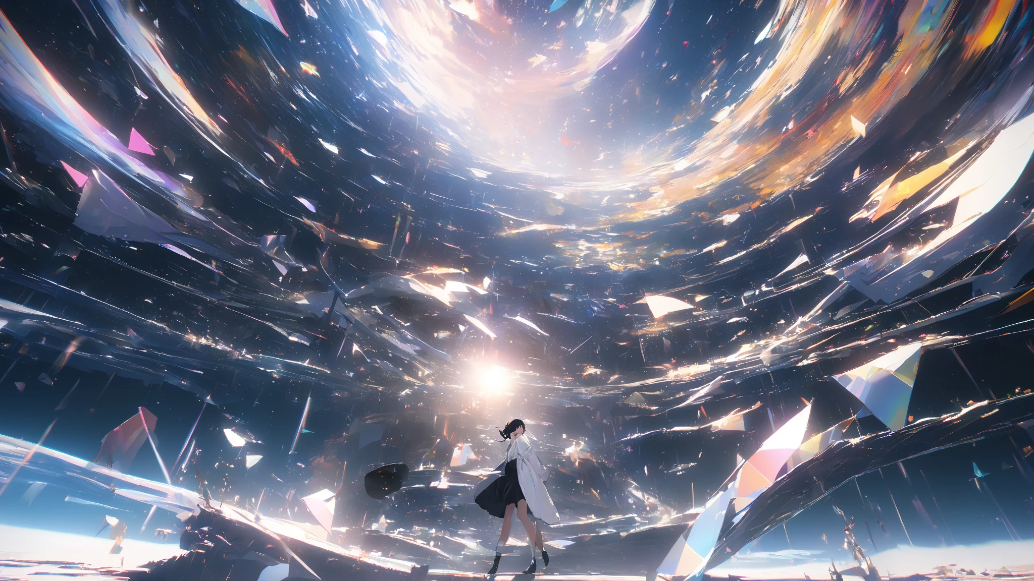 a girl in a room filled with lots of white cubes, a digital rendering, by Jon Coffelt, tumblr, cubo-futurism, iridescent fractal, cyber mushroom city, floating crystals, infinite quantum waves, yellow hairband, , serafuku, long sleeves, pleated skirt,

