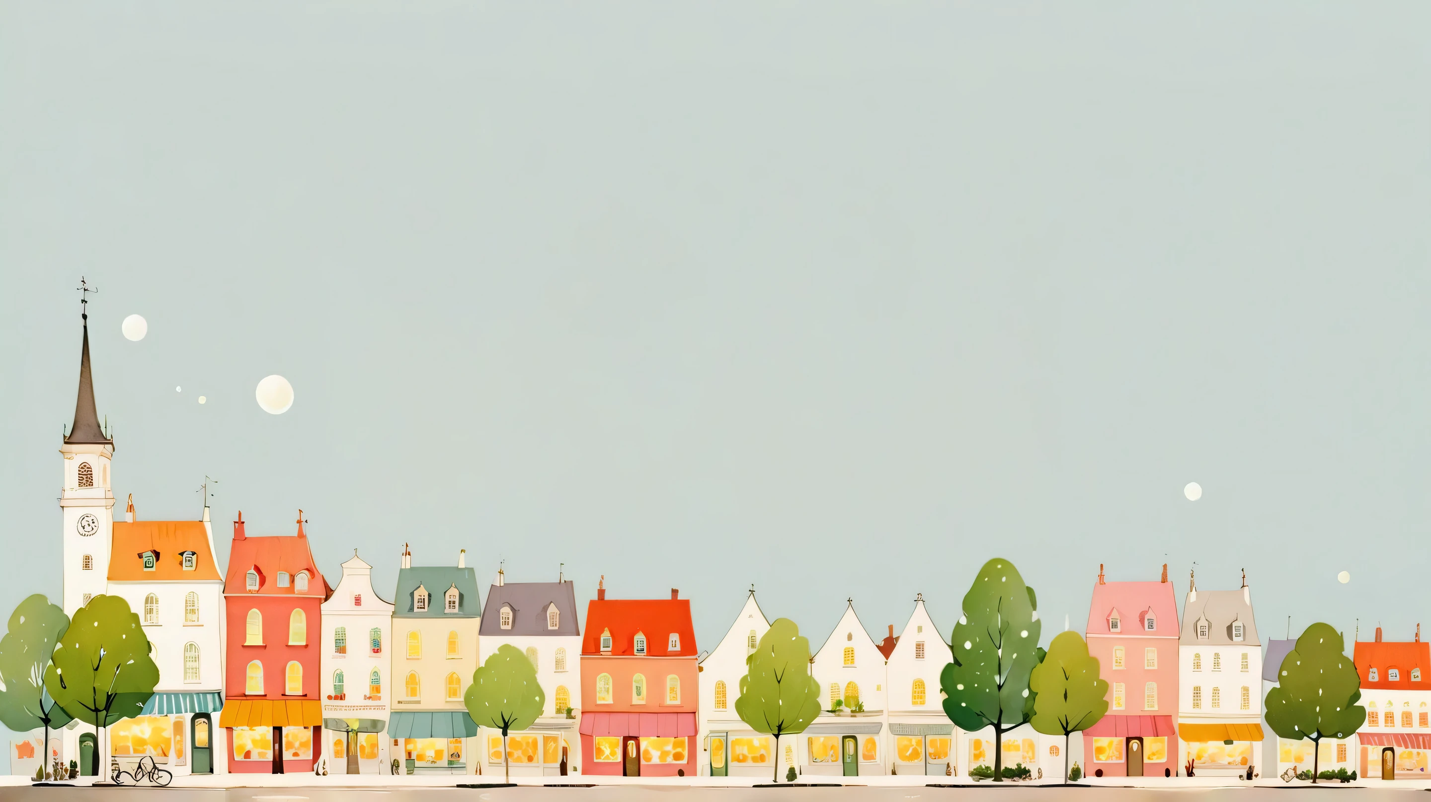 A whimsical cityscape, with charming buildings and a light, airy feel, simple background
