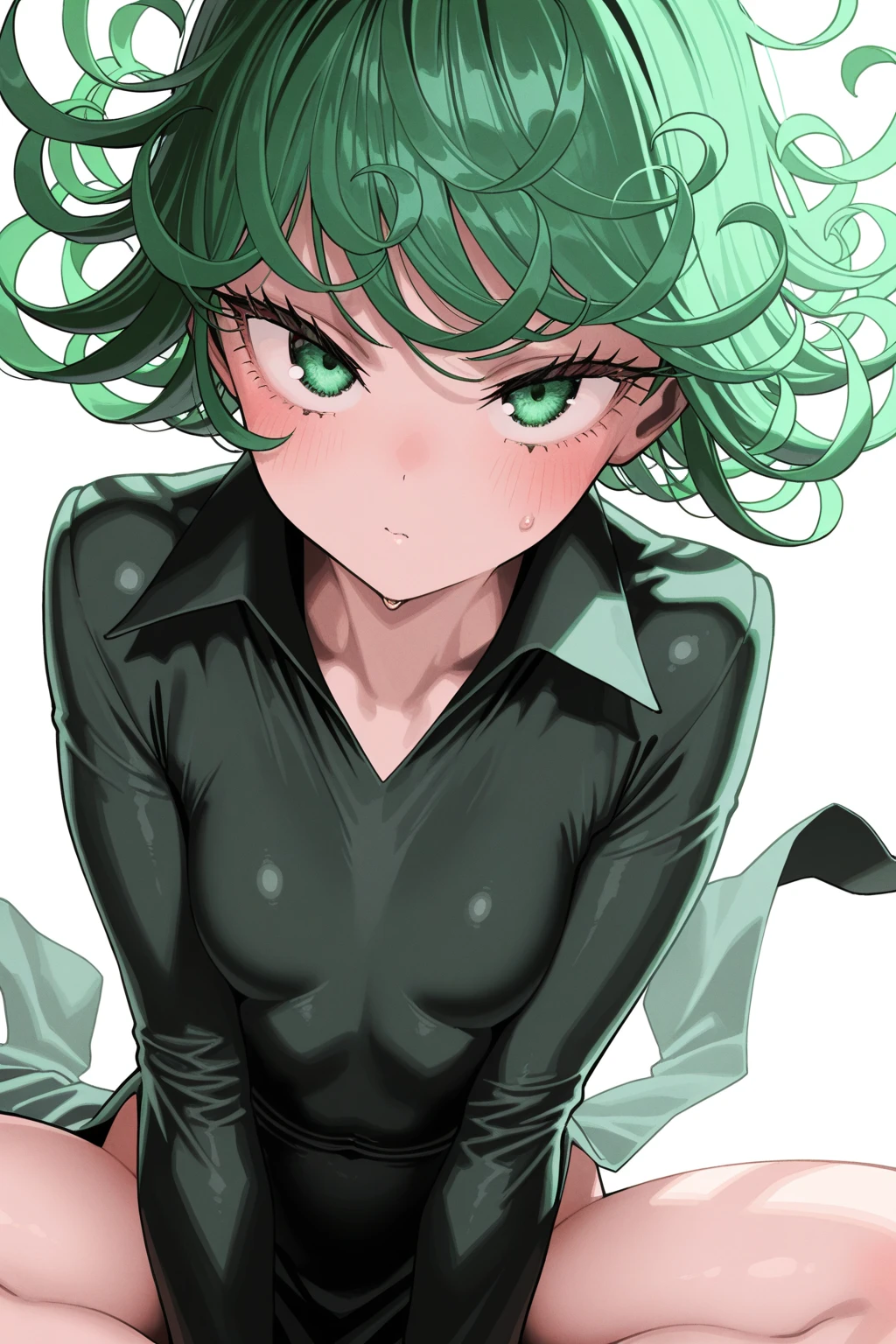 1girl, solo, tatsumaki, short hair, looking at viewer, black dress, small breasts, wide hips, simple background, <lora:tatsumaki-ALK:1>, (contrapposto:1.2), embarrassed, arms behind back, upper body, long sleeves, white background