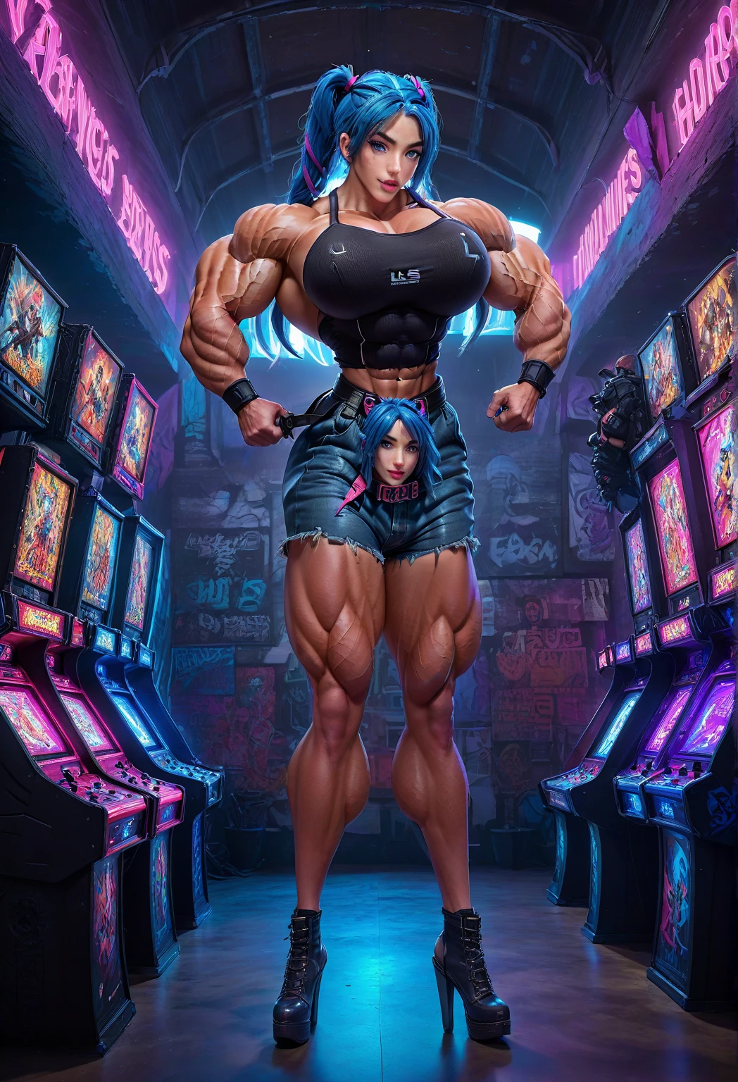 masterpiece, realistic, detailed, young woman, (hypermuscle:1.7), long straight black hair, goth, ((loose baggy oversized black band tshirt)), (innocent expression:1.2), black lipstick, small waist, massive thighs, headphones, tattoos, (detailed face, beautiful face, realistic face), (huge lips) walking, crowded street