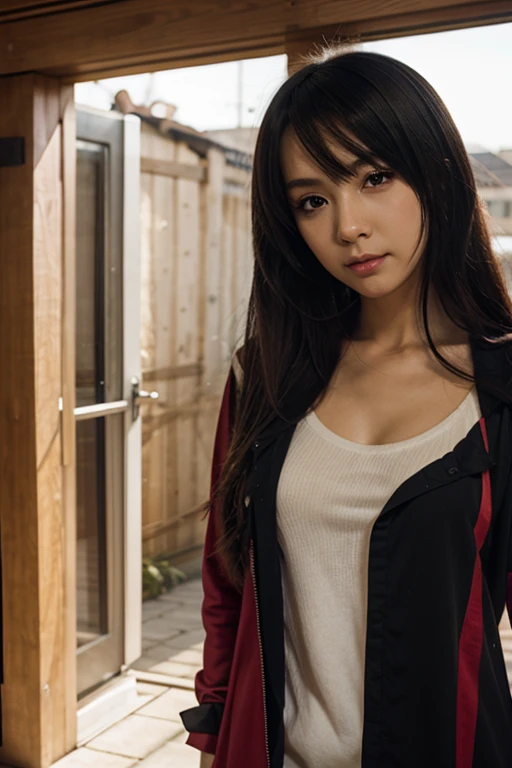 (8K、top-quality、masterpiece:1.2)、(reallistic、Photorealsitic:1.37)、The ultra -The high-definition、
Final Fantasy VII remake Tifa Lockhart on a date in a detailed portrait of her sitting in a café with every detail of the cityscape、Nipples floating on a tank top、Beautiful eyes and blushing nose with attention to detail、Looks cute and solo。She has a single elbow pad、Ankle Boots、a black skirt、Black Sai Hai、Red boots、And elbow gloves、elbow pad、I wear fingerless gloves。Her costume includes、Sportsbra、Suspender skirt、Thigh、Includes white tank top。You can see your whole body with your head in your hands、a Pretty face、long hair tied up low、Showing lips。Scenes are professionally lit、photon maping、Illuminated by Radiosity、Tetsuya Nomura style creates a cyberfuturistic atmosphere。White panties are visible with knees upright in a super mini skirt、The background features yellow flowers and a bokeh effect。Tifa closes her mouth with a small smile。