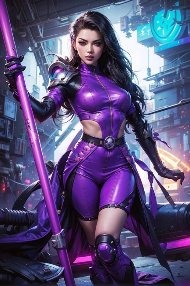 royal purple color scheme, ethereal lighting, fantasy theme, intricate details, cyberpunk style, futuristic cityscape, holographic projections, advanced technology, glowing neon signs, chrome accents, mysterious atmosphere, femme fatale persona, confident expression, sleek and form-fitting attire, striking pose, mechanical limbs and enhancements, glowing eyes, floating particles, soaring skyscrapers, flying vehicles, bustling crowd, rain-soaked streets, reflection in puddles, dramatic shadows