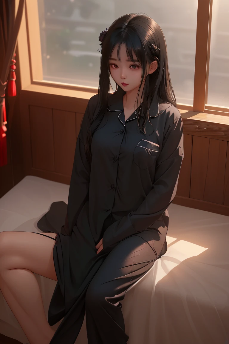 quadratic element,A pure girl with long hair, on bed wearing JK black silk