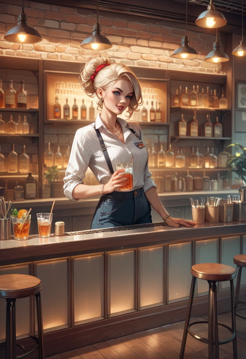masterpiece, best quality, high quality, detailed, ultra detailed, hyper detailed, insanely detailed, exquisite, beautiful, FHD, Full-HD, 4K, 8K, 16K, highres, absurdres, bar, woman, interior photo, laughing, hair bun, brown hair, brown eyes, pale skin, beauty mark, in the bar, with a table, at night, chill atmosphere, pants, undone clothing
