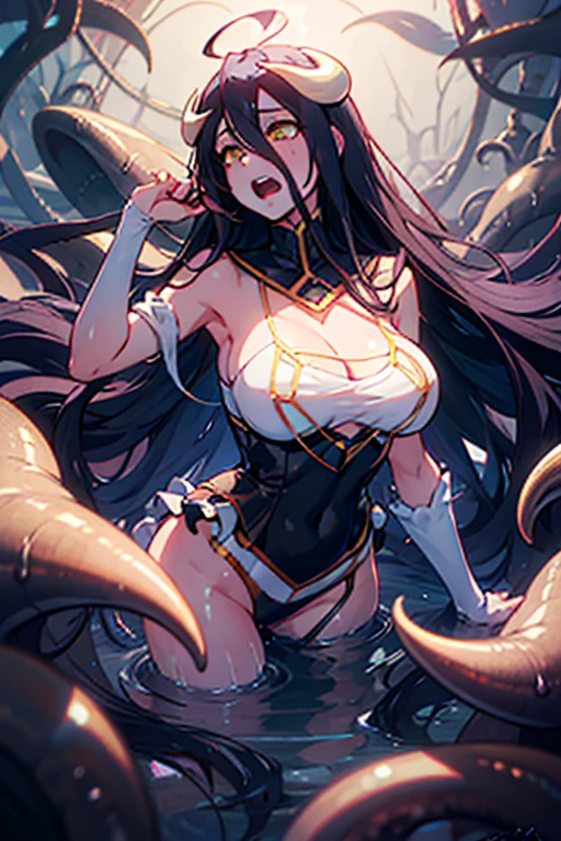 a cartoon picture of a beautiful succubus with long hair, fine details. anime. tentacles, tentacles around, covered with tentacles, seductive anime girl, anime monster girl, extremely detailed artgerm, tentacles tying her hands behind her head, blood moon tentacles!!, beautiful succubus, demon anime girl, anime goddess, some tentacles are touching her, intricate tentacle anatomy, detailed facial features, large expressive eyes, lush detailed hair, intricately detailed skin texture, ethereal and otherworldly atmosphere, complex and imaginative composition, highly detailed and realistic rendering, dramatic lighting, vibrant colors, surreal and fantastical, award-winning digital art, 8k, best quality, masterpiece, tentacles encircling breast, tentacles tying up arms, ripped clothes, sheer white clothing, nsfw, tentacle sex penetration, tentacles penetrating vagina, tentacles penetrating anus, tentacles around neck, penis shaped tentacles, (facial expression of ecstasy, orgasm, blushing, eyes closed, mouth open), body tensed up, tentacles tightly gripping, cumming, vaginal juices dripping, 