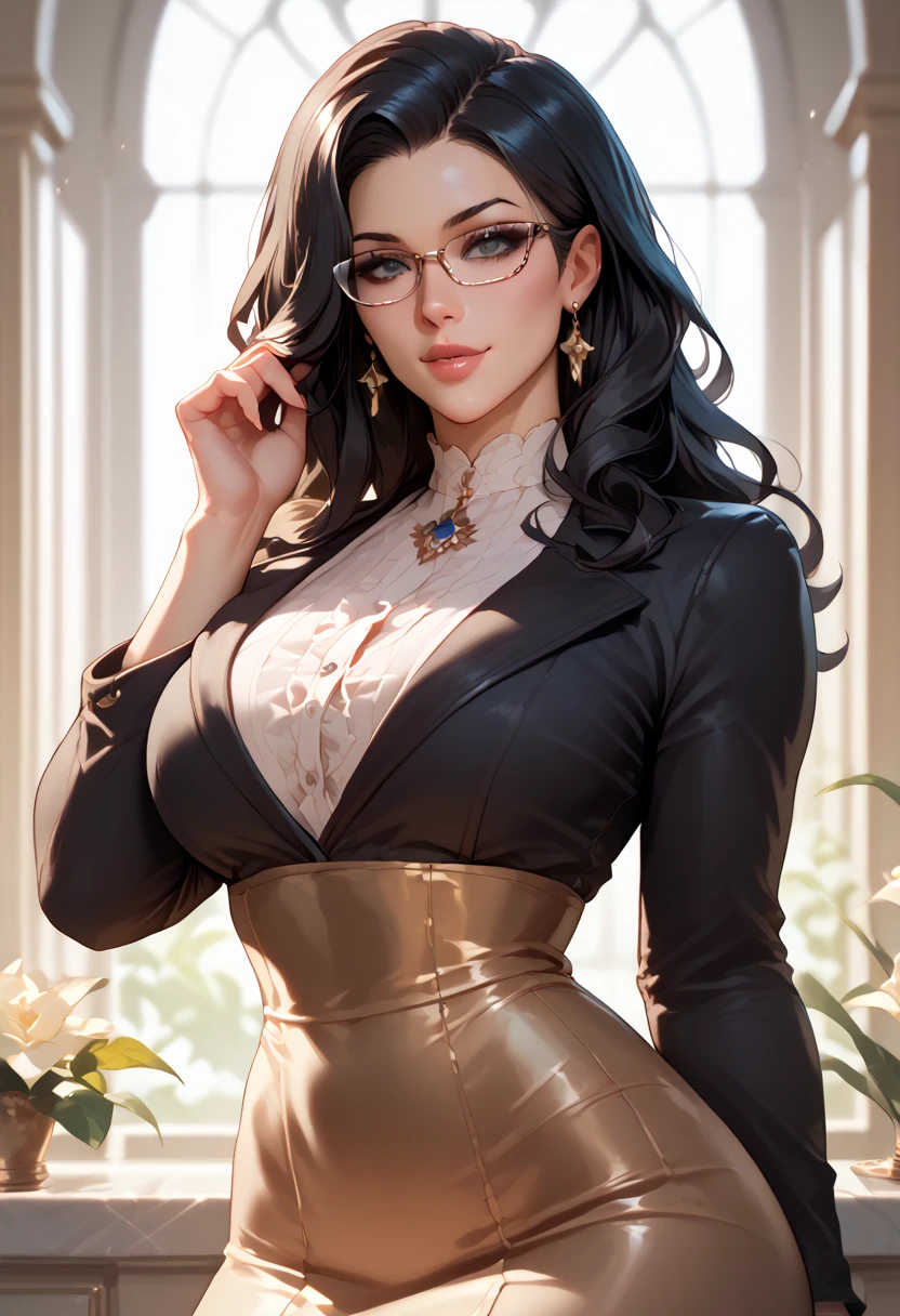 1girl, bare shoulders, black hair, small breasts, cleavage, collarbone, dress, earrings, glasses, lips, long hair, makeup, violet and gold pattern dress, solo, strapless, strapless dress,
masterpiece, best quality,
