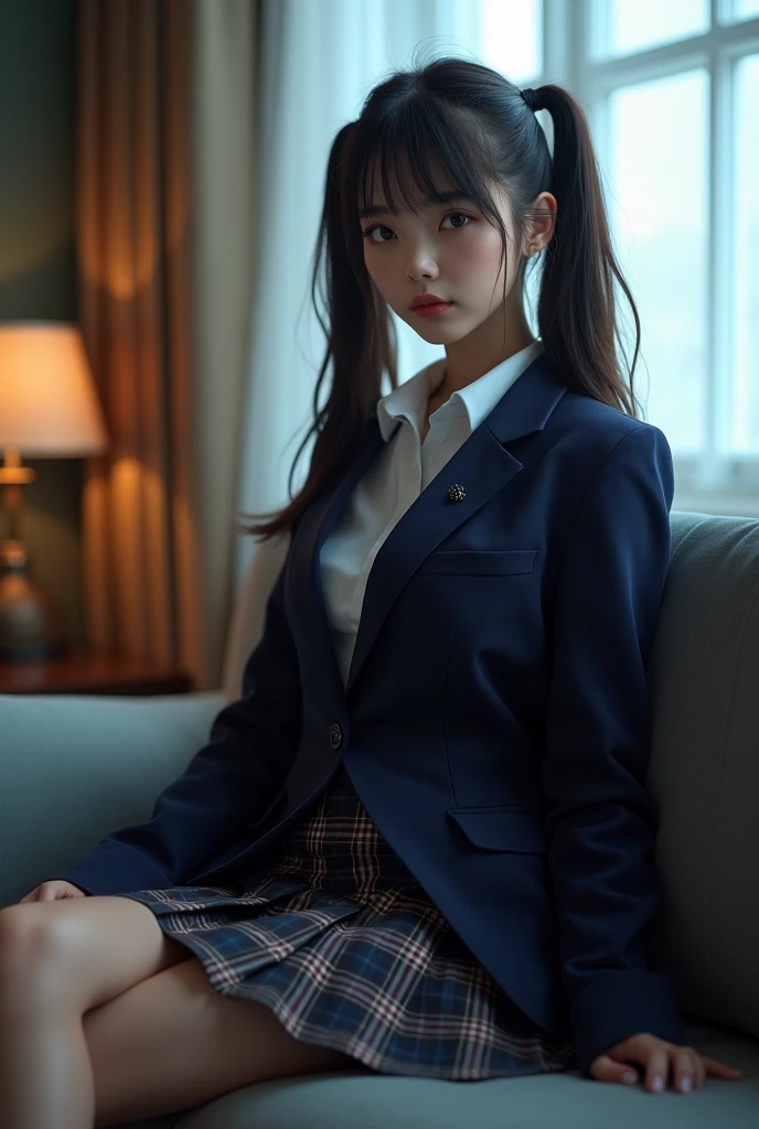 Realistic、masterpiece, Highest quality, shape, Very detailed, Finer details, High resolution, 8k,wallpaper, Perfect dynamic composition,(High quality with attention to detail, Realistic depiction of eyes:1.3), very cute、The background is a room in a luxury hotel、Schoolgirl uniform、blazer 、Blouse that looks like it's going to tear、Super Short Check Uniform Skirt、Navy blue knee-high socks、Disheveled uniform, Long Hair, Black hair color, Huge breasts, Big Natural Color Lip, Bold sexy pose, (Perfect shape), Crying a little、Cold Stare, Harajuku Style、20-year-old girl、 Beautiful feet, Burning idol pose, Voluptuous thighs