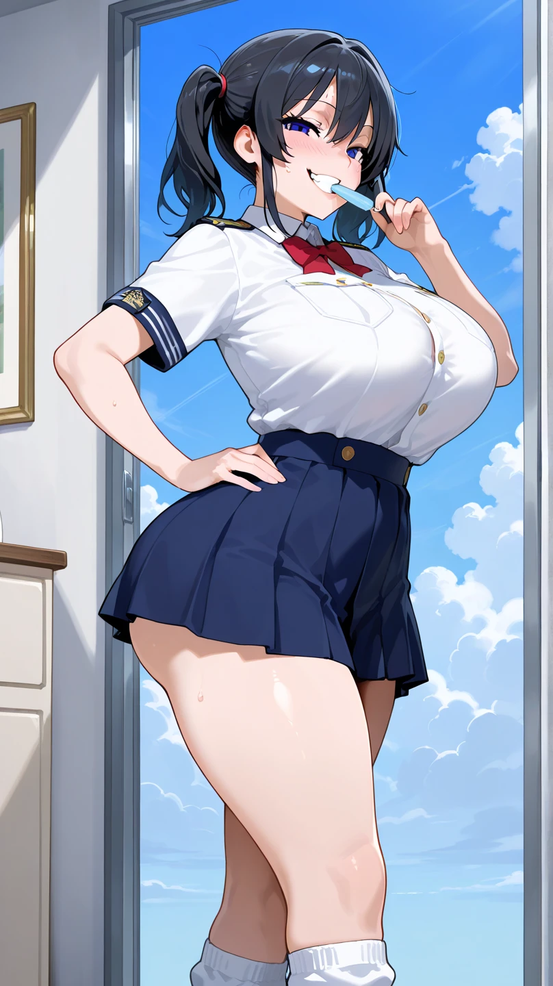 (Highest quality、Masterpiece、Very detailed、4K)、One woman、Big Breasts、17 years old、uniform、((Confident々))、smile、((Angle from below))、No panties、((Spreading pussy))