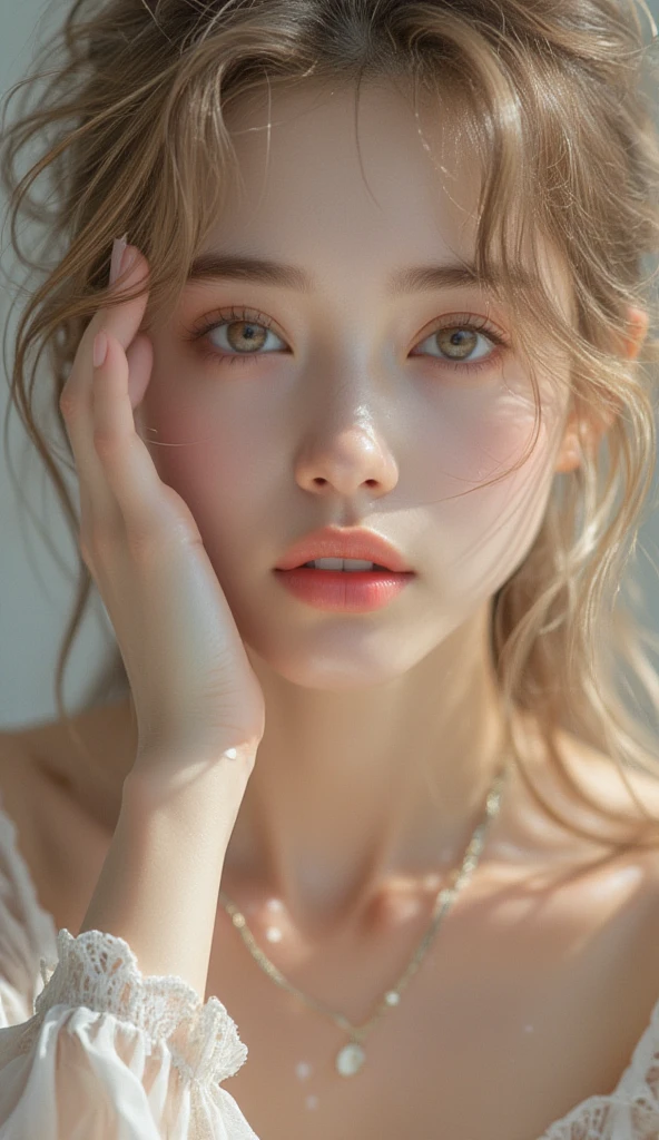 A gentle and lovely Chinese beautiful woman, delicate sexy collarbone, charming goose egg face, double eyelids, smart peach blossom eyes, pink lips, small upturned nose, bare shoulders, focused face, face close-up, ultra HD, super detail, full body photo, ultra-thin translucency, pink hair optimal proportions four fingers and one thumb, cat ears