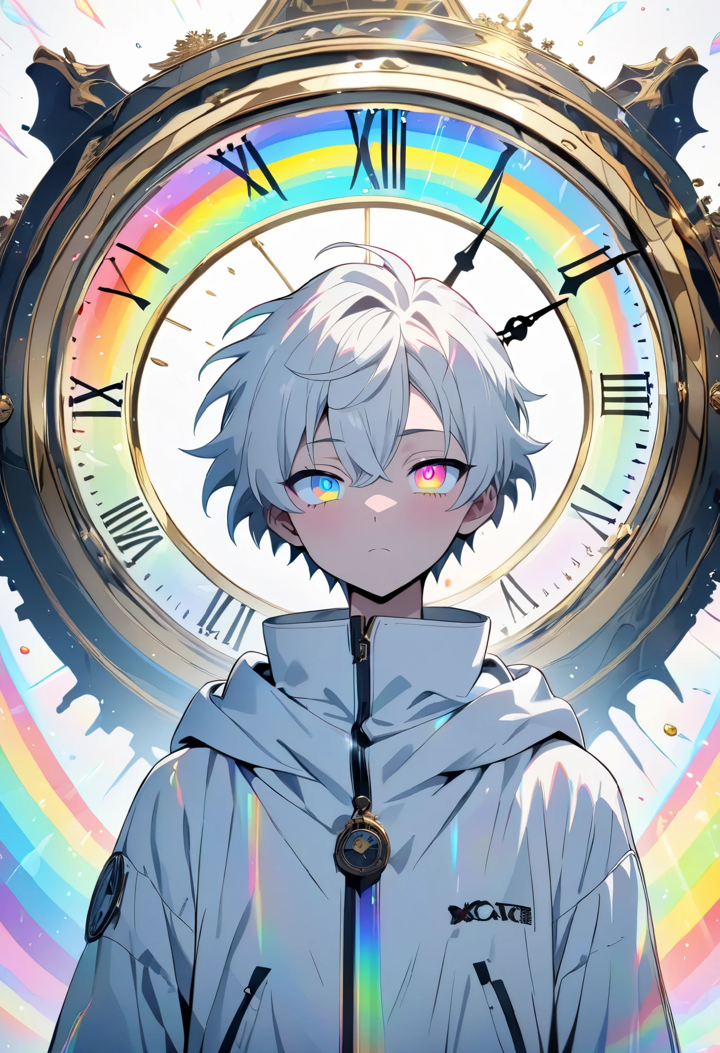 [(WHITE BACKGROUND:1.5)], ((masterpiece)), high quality, ((solo)), ((unger boy)), (white color short hair), (rainbow color eye), bright skin, white parka, ((anime style)), (clock rainbow effect:1.3),