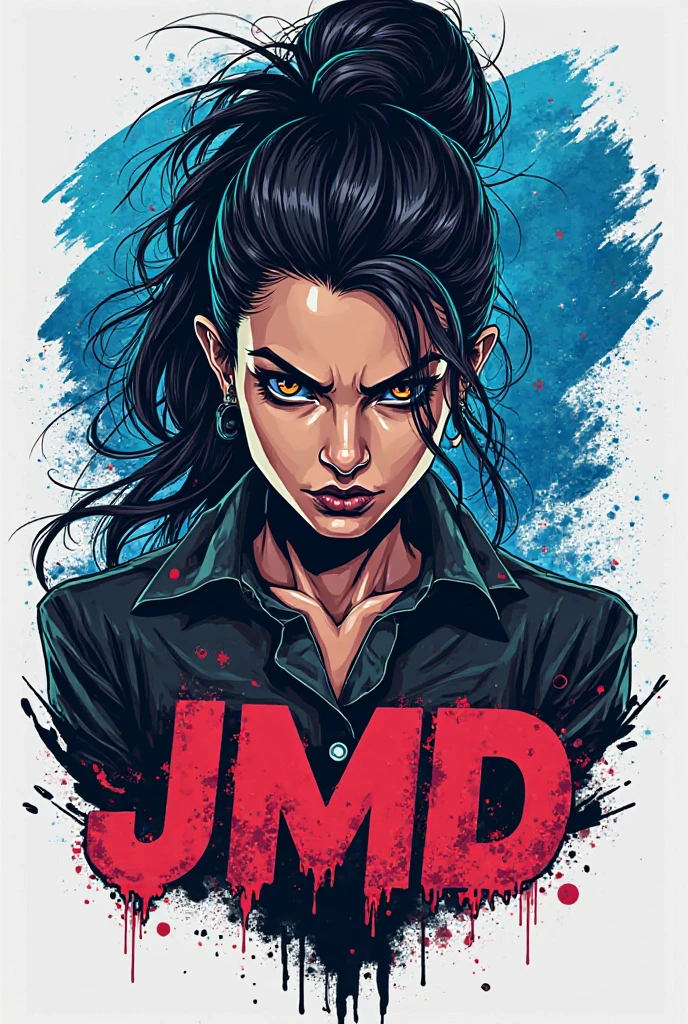 A girl with long dark hair, grey glasses, cool skintone, black eyes hold a brown file and the file has 'Fae Marron Files' on it. Make it comic theme. Crime background with police tape and bloods.