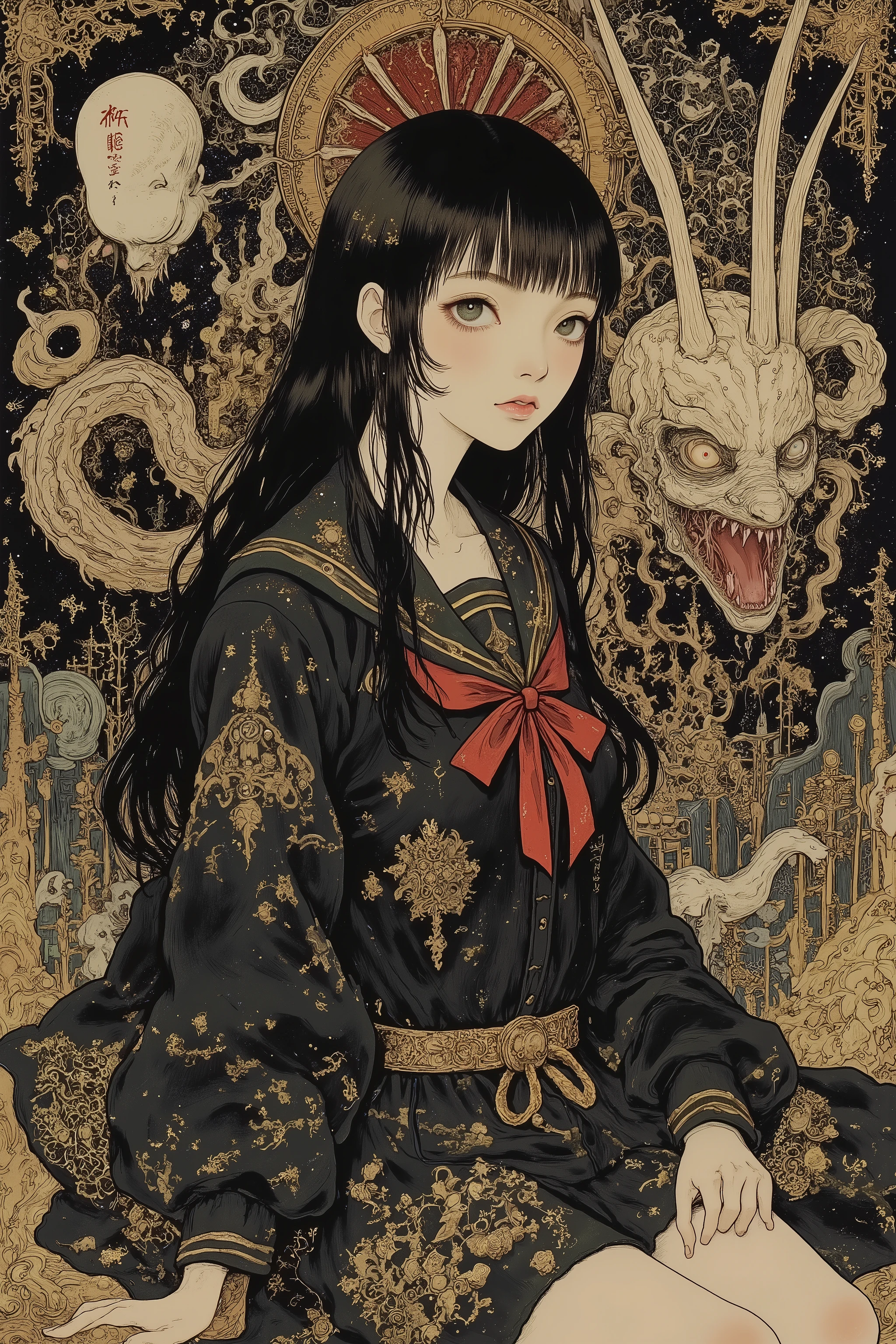 1 girl,solo,beautiful face,turime,black hair,long straight hair ,Bob,hime cut, long hair,((wearing Japanese school black sailor uniform with mini black skirt, red ribbon,long sleeve)),yokai and oni background,Nihonga,Japanese painting style,(vivid color:1.5),sharp line,dynamic pose,detailed image,itou jakutyu style, ,junji ito style,scary ukiyo-e