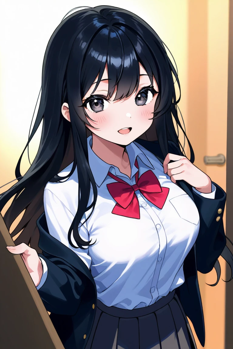 big body medium tits happy face black hair color hair style ponytail place party clothes a white long-sleeved shirt with a red tie and black pants