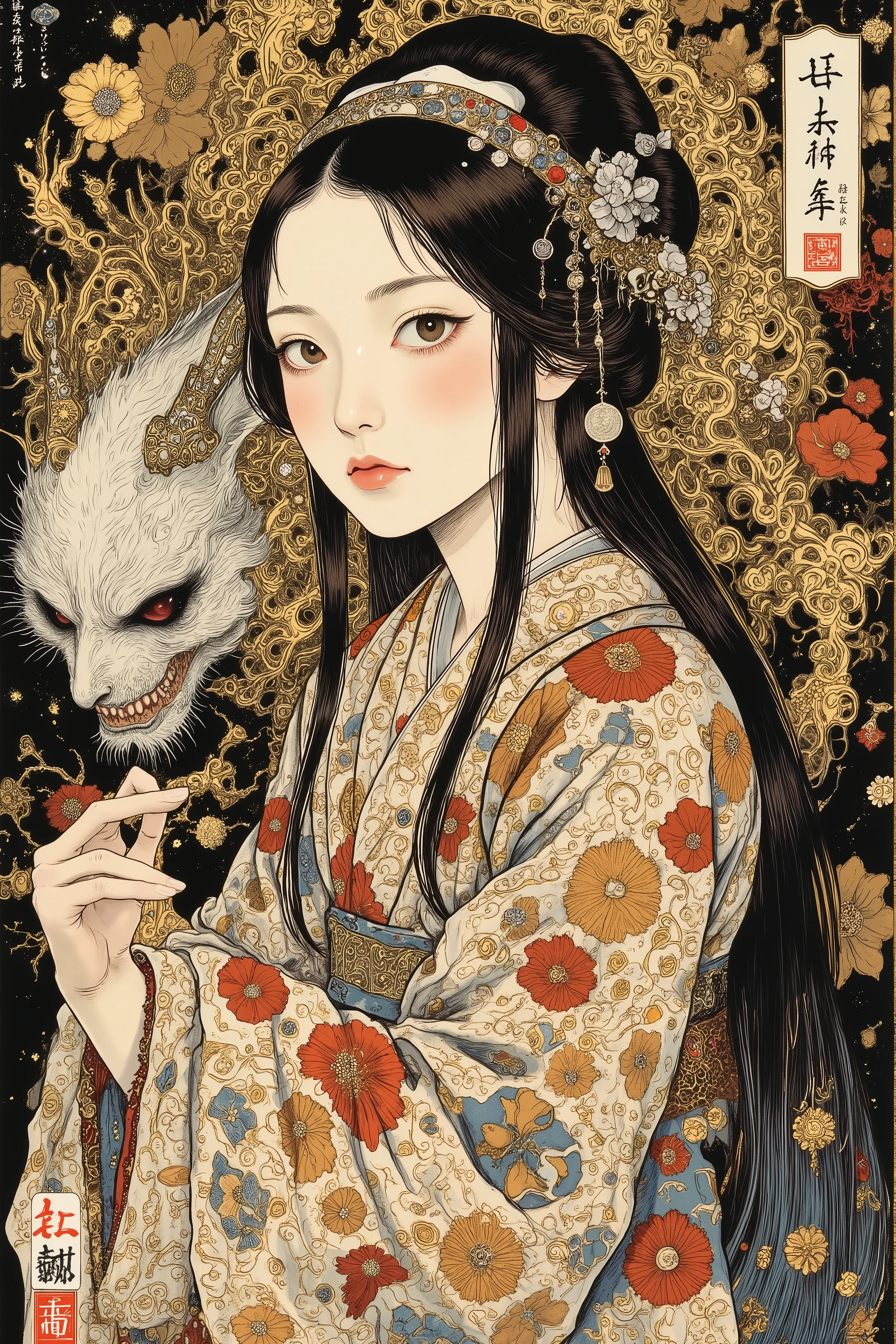 1 woman,solo,beautiful face,turime,black hair,long straight hair ,Bob,hime cut, long hair,((wearing kimono)),yokai and oni background,Nihonga,Japanese painting style,(vivid color,distinctly colored:1.5),sharp line,dynamic pose,detailed image,itou jakutyu style, ,junji ito style,scary ukiyo-e
