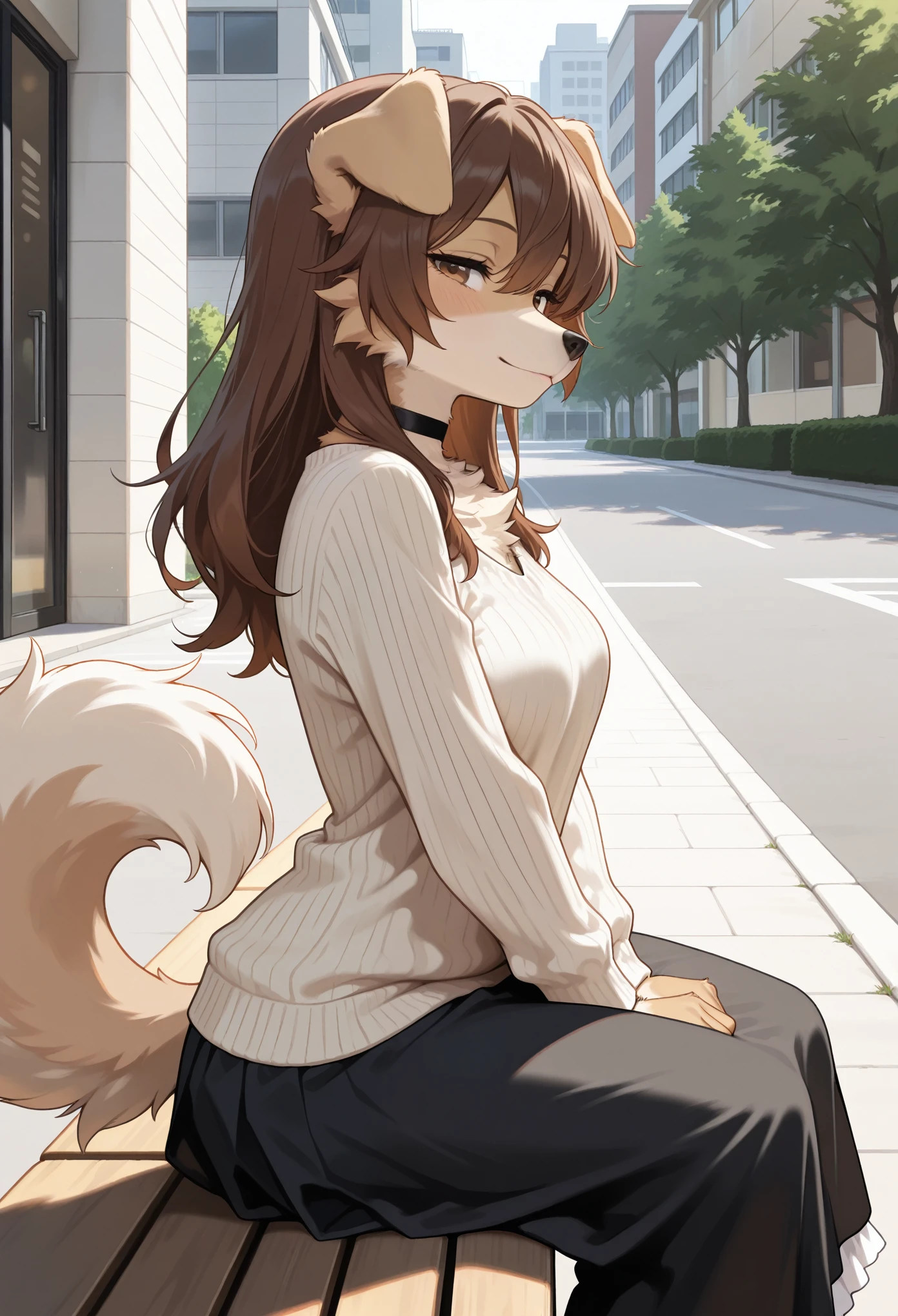 masterpiece, best quality, amazing quality, safe, from side, furry, furry female, dog girl, sitting, in bench, half-closed eyes, light smile, looking at viewer, brown hair, long hair, brown eyes, (beige fur), fluffy fur, detailed fur, medium breasts, choker, loose clothes, ribbed sweater, long skirt, frilled skirt, outdoors, neighborhood, absurdres