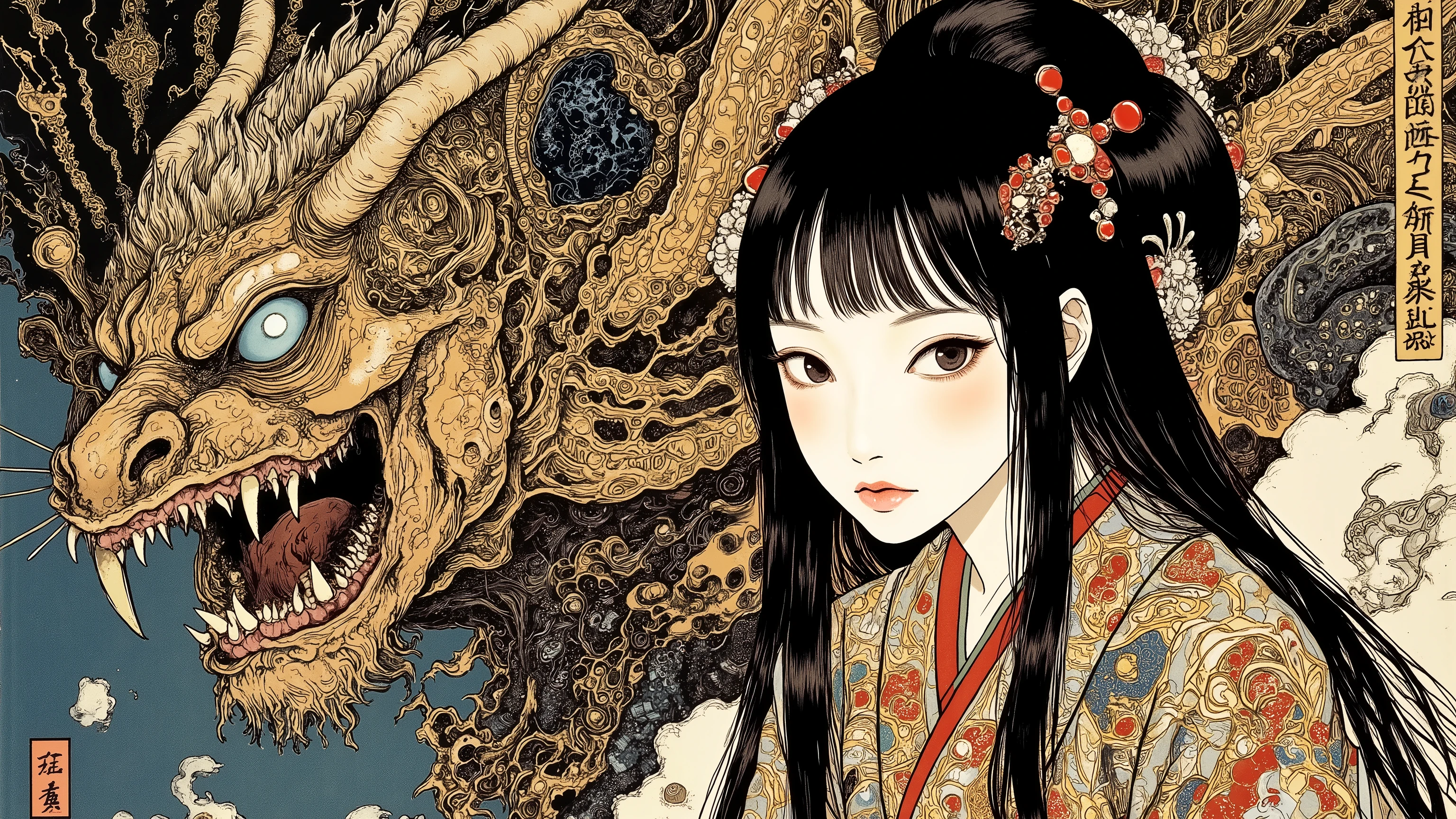 1 woman,solo,beautiful face,turime,black hair,long straight hair ,Bob,hime cut, long hair,((wearing kimono)),yokai and oni background,Nihonga,Japanese painting style,(vivid color,distinctly colored:1.5),sharp line,dynamic pose,detailed image,itou jakutyu style, ,junji ito style,scary ukiyo-e