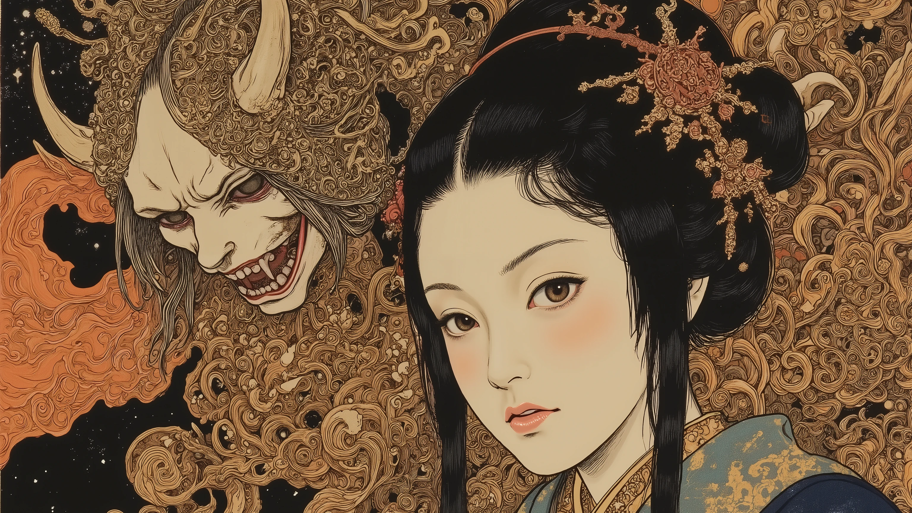 1 woman,solo,beautiful face,turime,black hair,long straight hair ,Bob,hime cut, long hair,((wearing kimono)),yokai and oni background,Nihonga,Japanese painting style,(vivid color:1.5),sharp line,dynamic pose,detailed image,itou jakutyu style, ,junji ito style,scary ukiyo-e